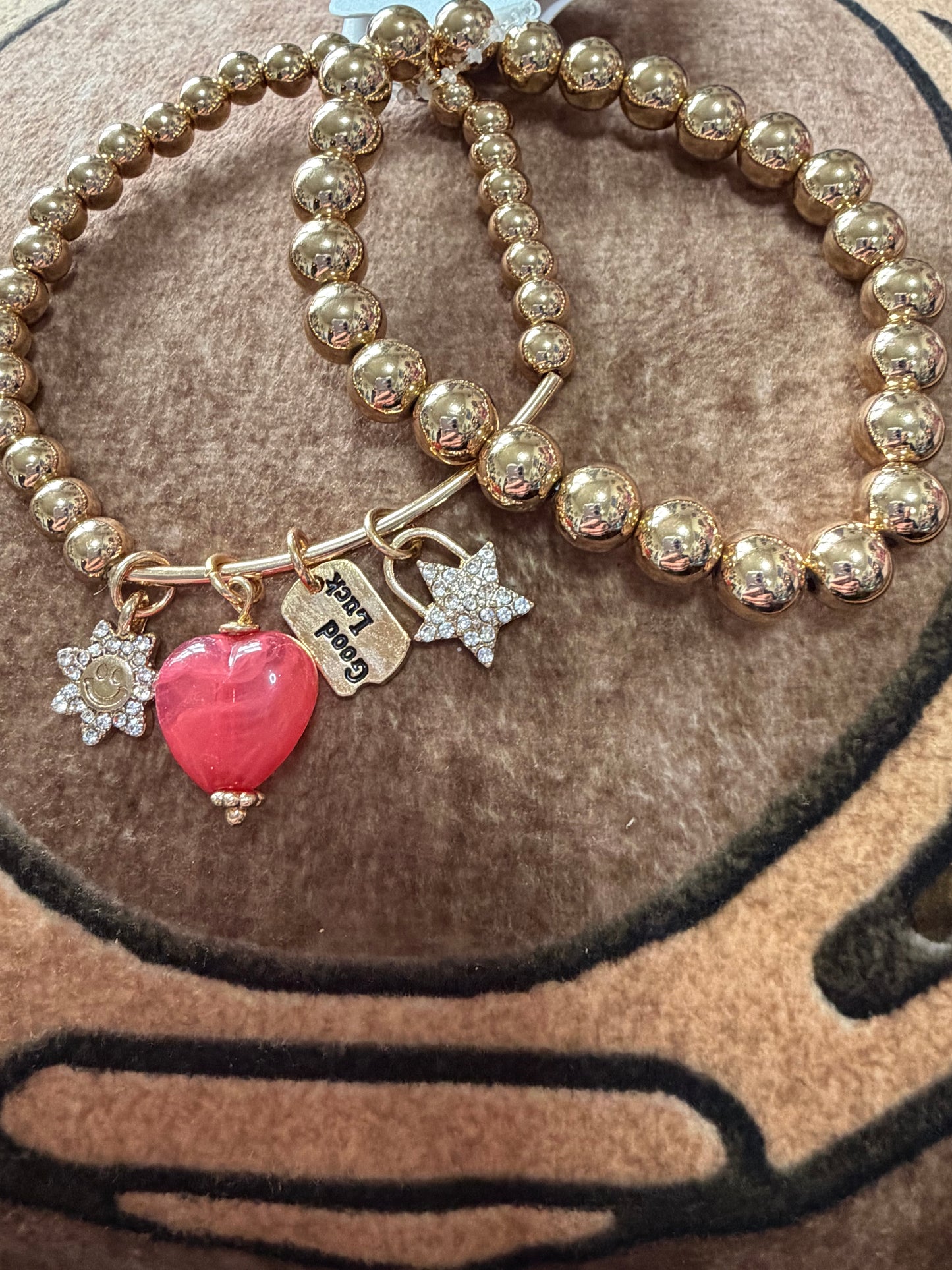 Gold Stretch Beaded Bracelet Set Heart Star Good Luck Charm
