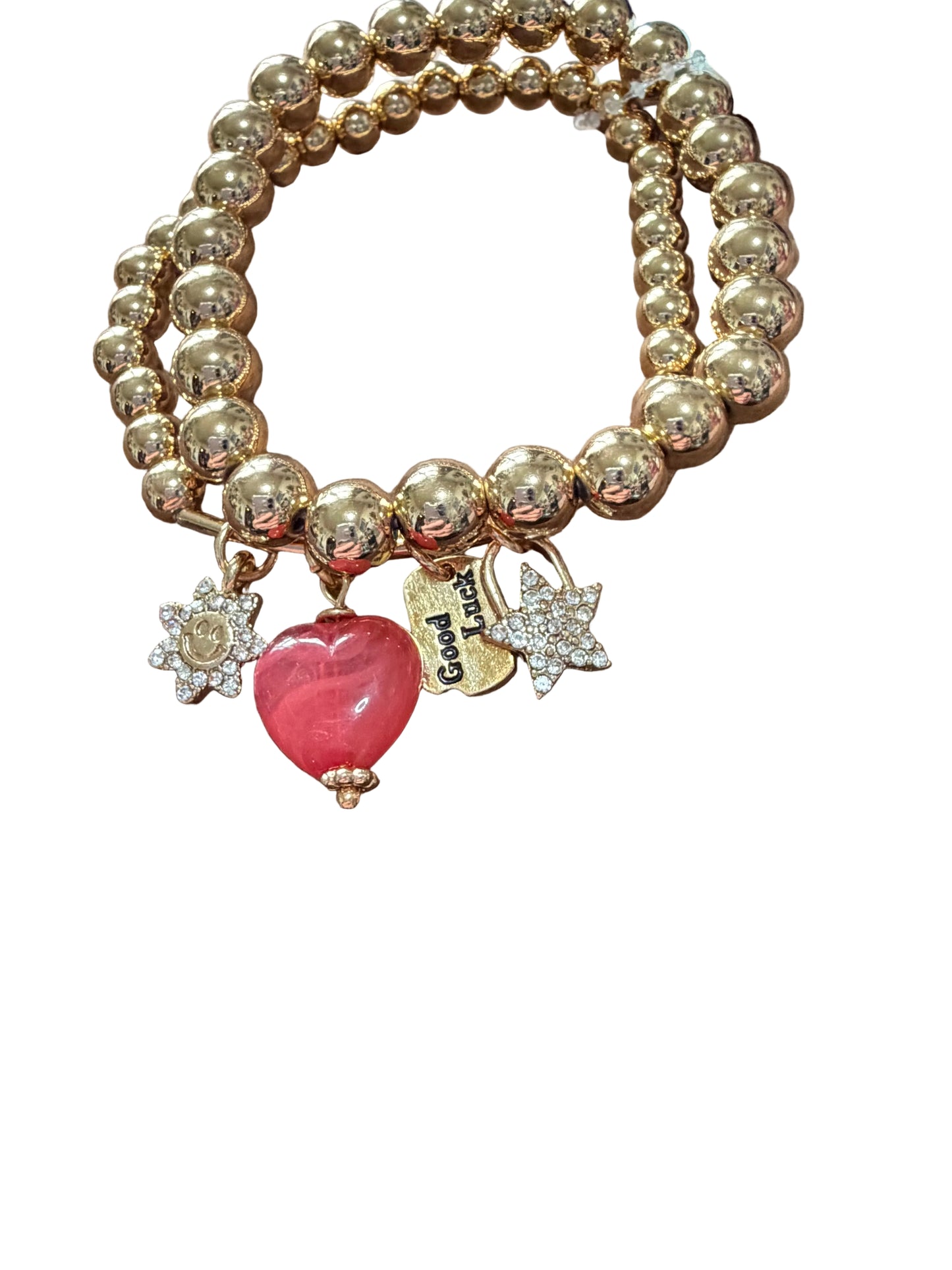 Gold Stretch Beaded Bracelet Set Heart Star Good Luck Charm