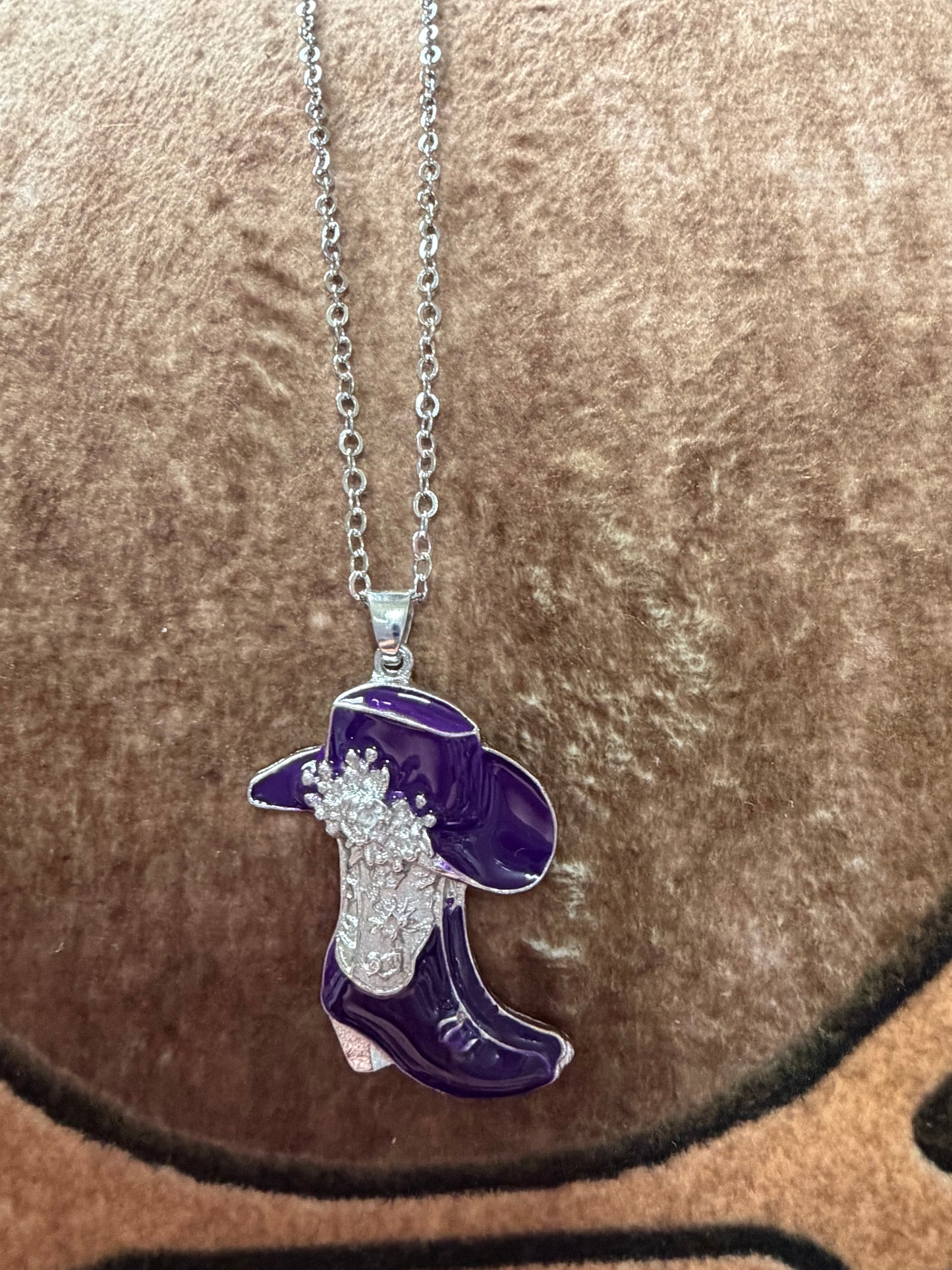 Western Cowgirl Boot Hat Necklace Purple Silver
