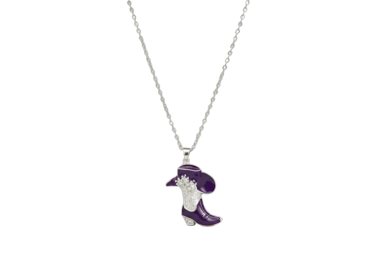 Western Cowgirl Boot Hat Necklace Purple Silver