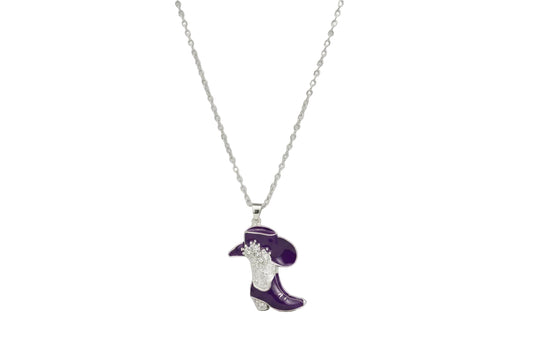 Western Cowgirl Boot Hat Necklace Purple Silver