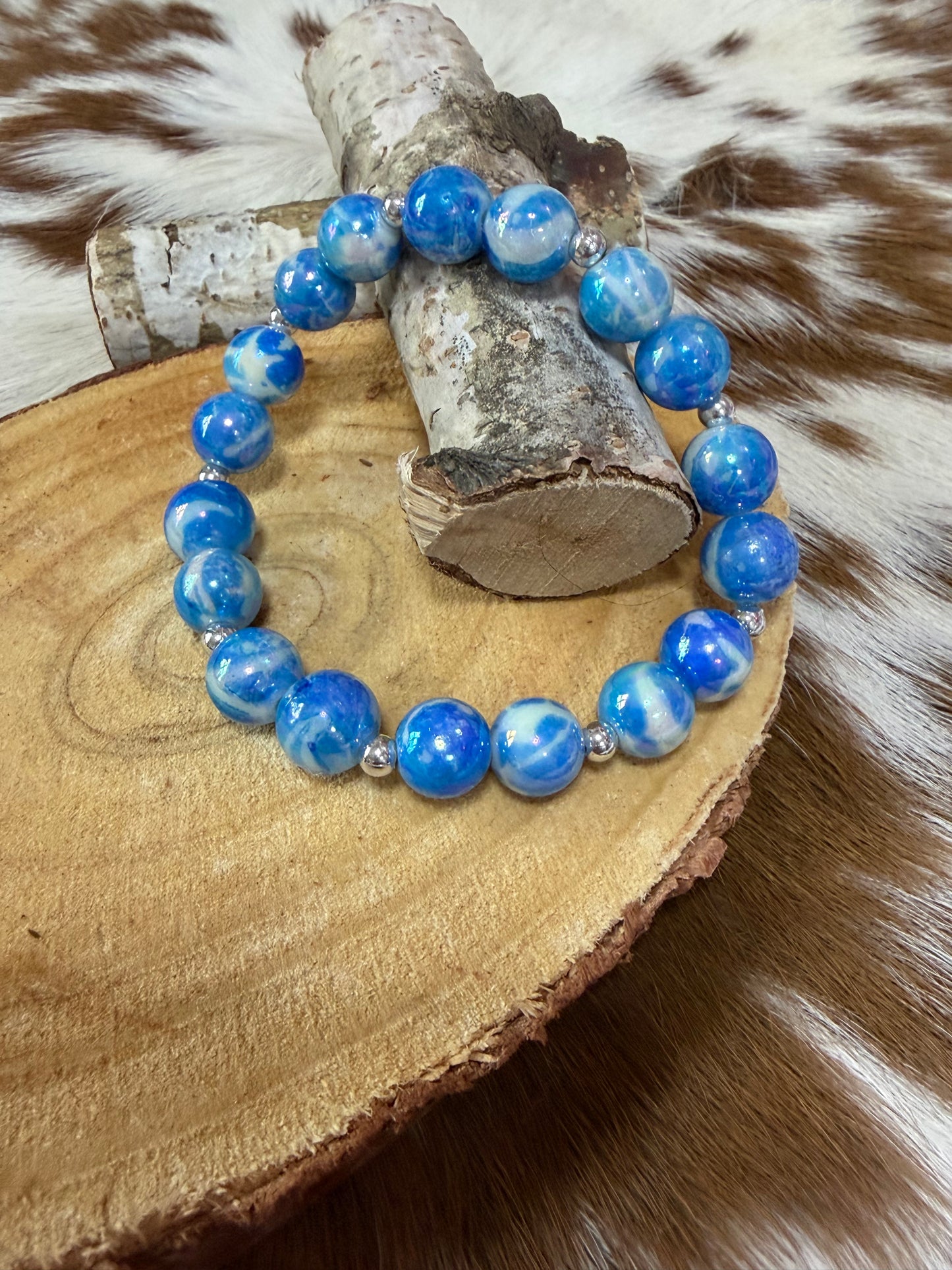 Shades Blue White Beads Stretch Bracelet