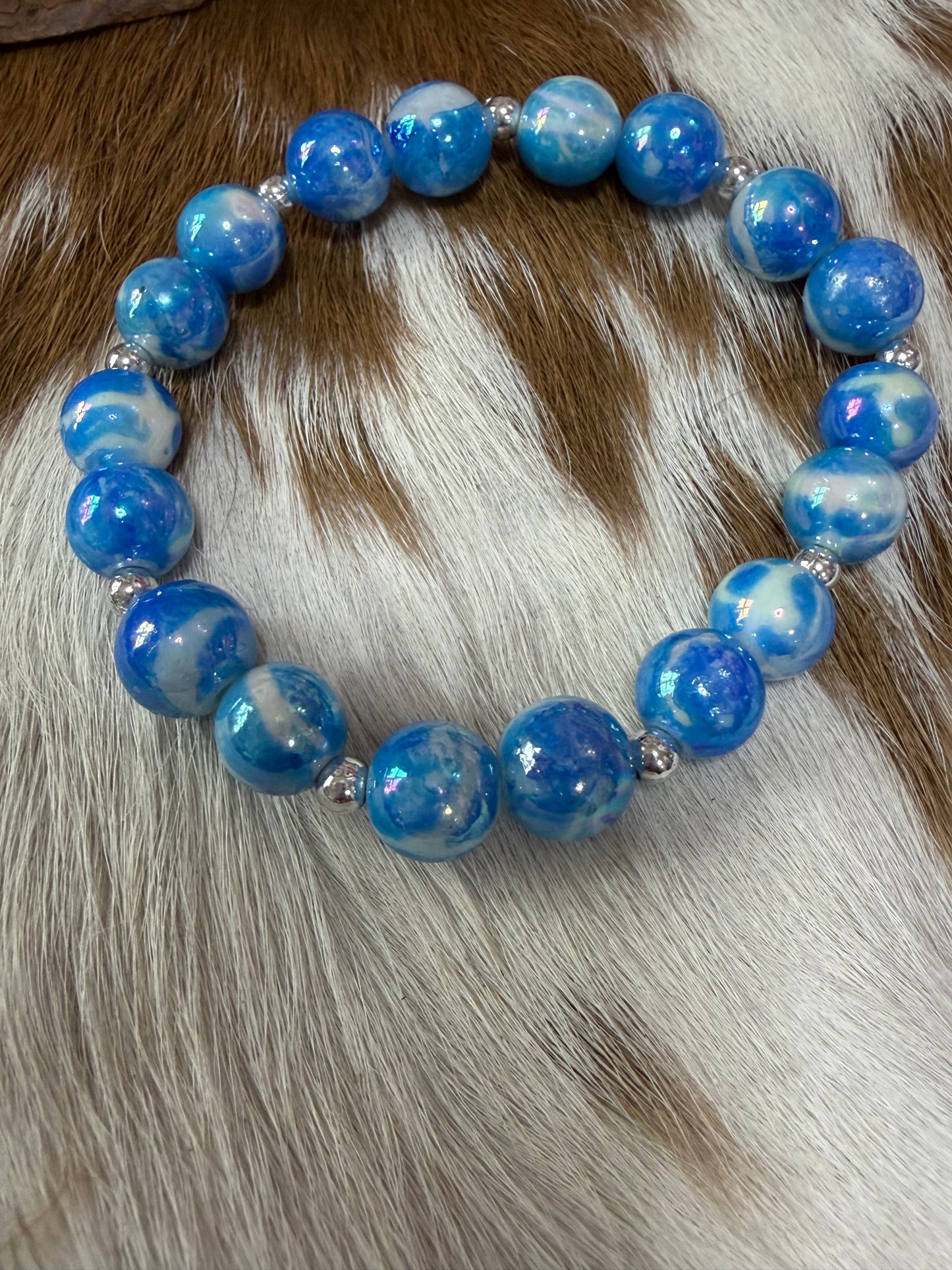 Shades Blue White Beads Stretch Bracelet
