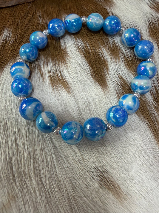 Shades Blue White Beads Stretch Bracelet