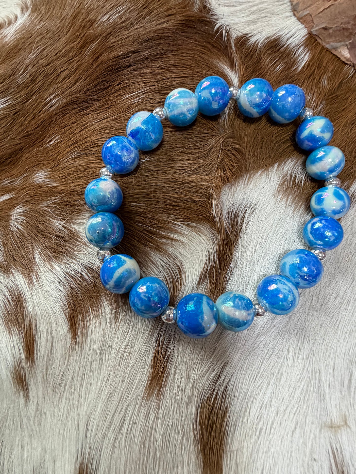 Shades Blue White Beads Stretch Bracelet