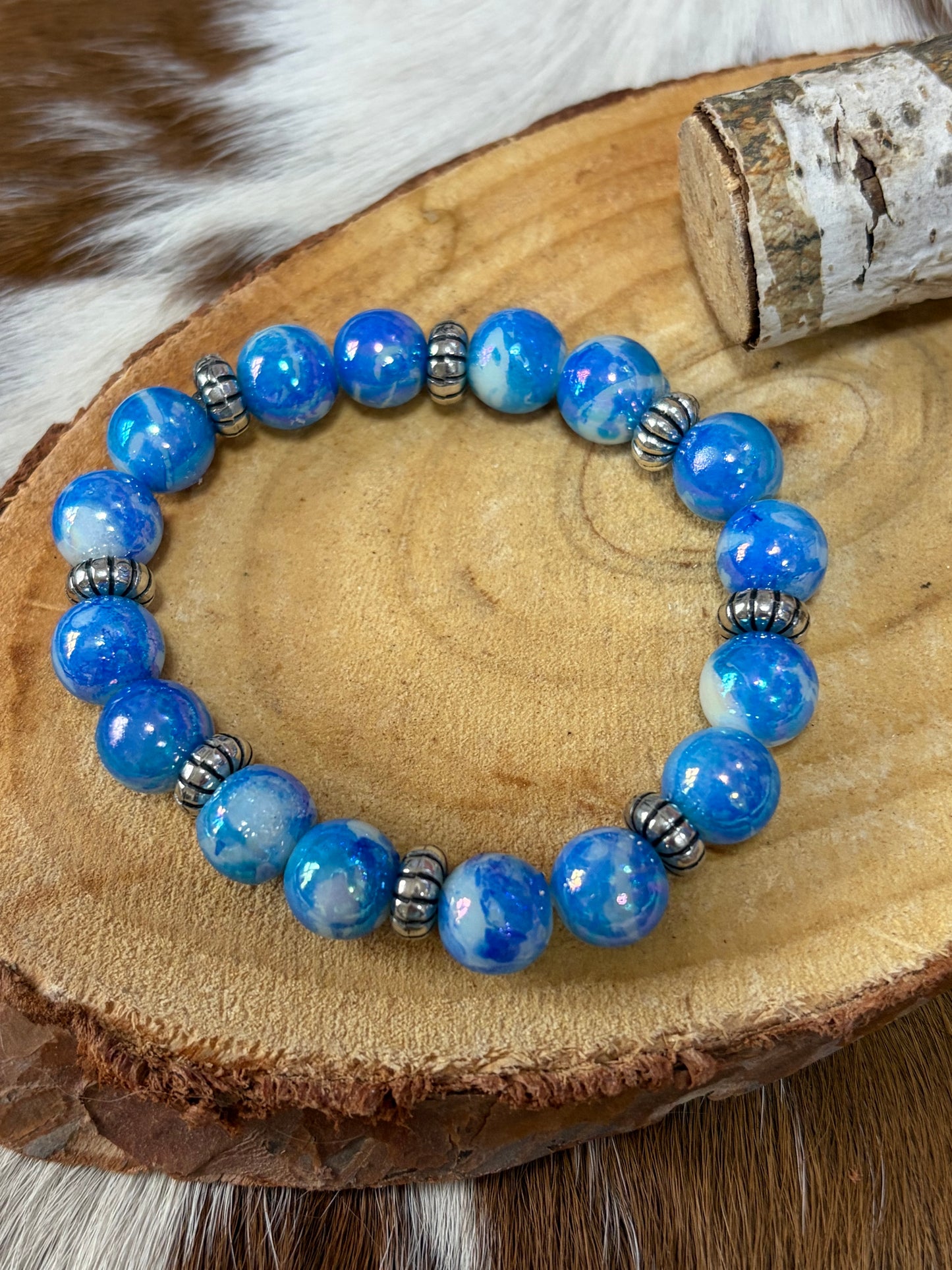 Blue White Beaded Stretch Bracelet Girls