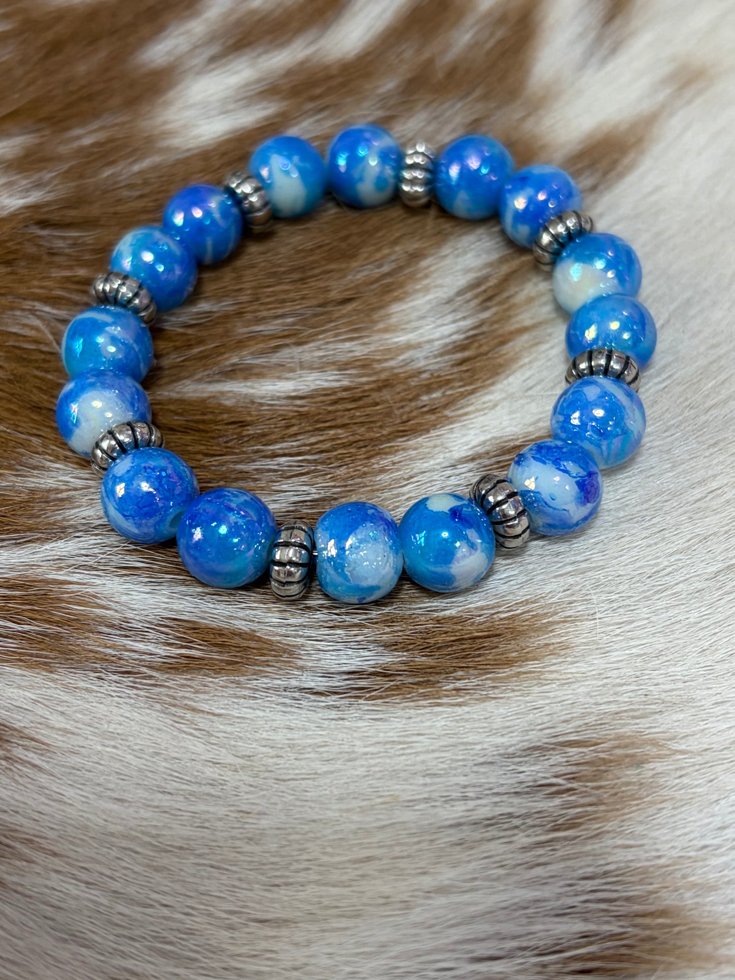 Blue White Beaded Stretch Bracelet Girls
