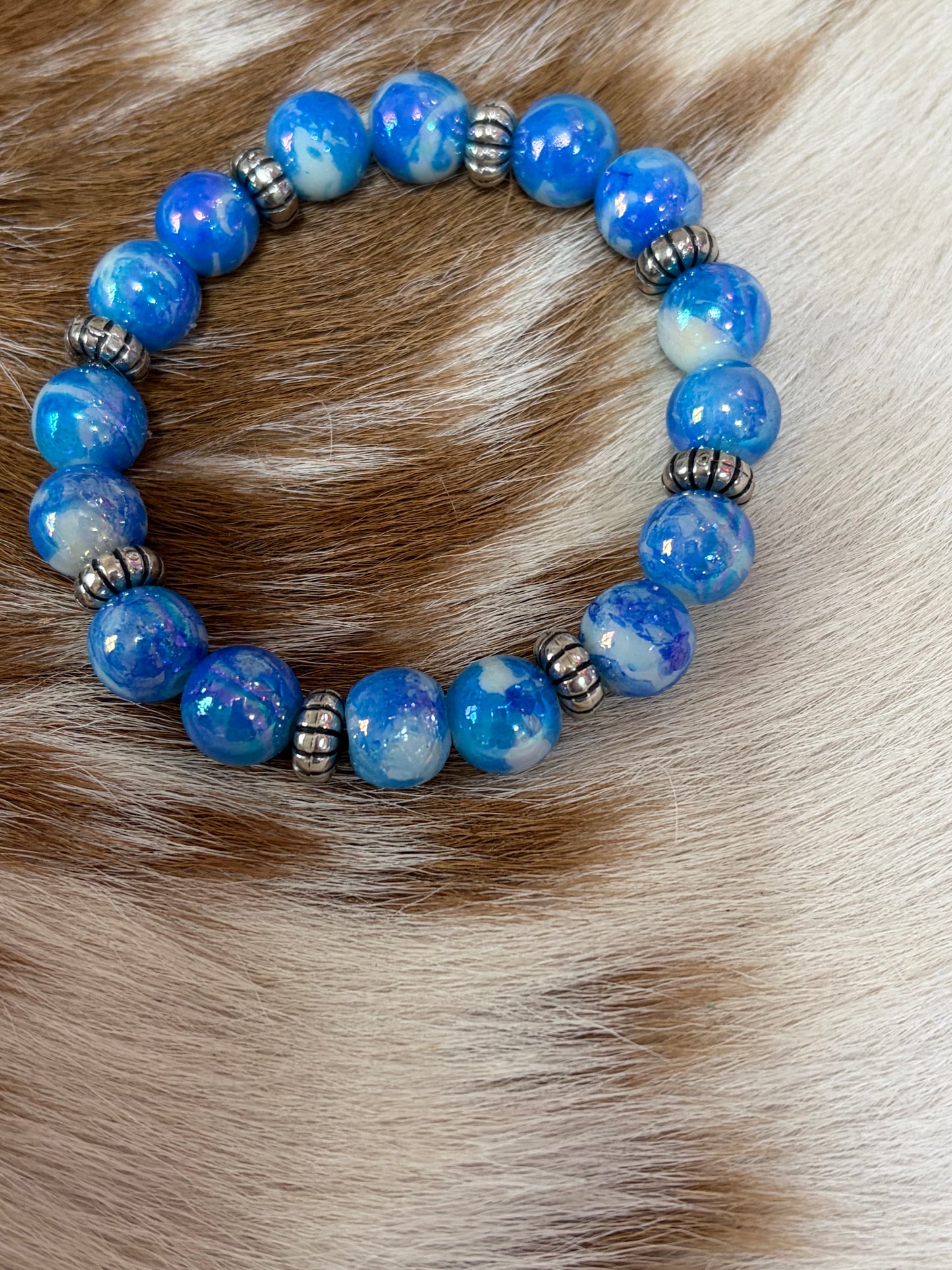 Blue White Beaded Stretch Bracelet Girls