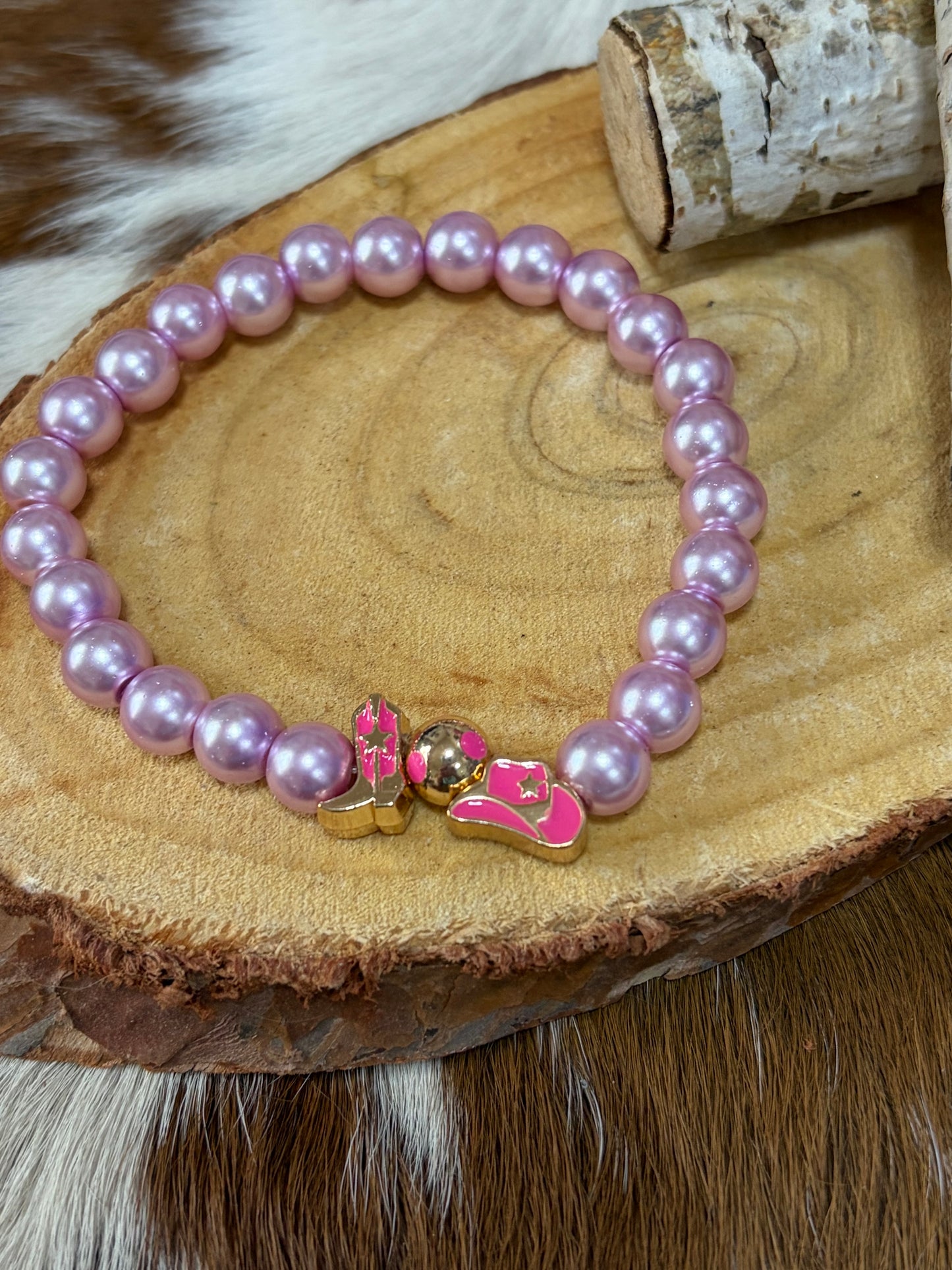 Pink Pearl Stretch Western Bracelet Cowgirl Hat Cowgirl Boot Charms