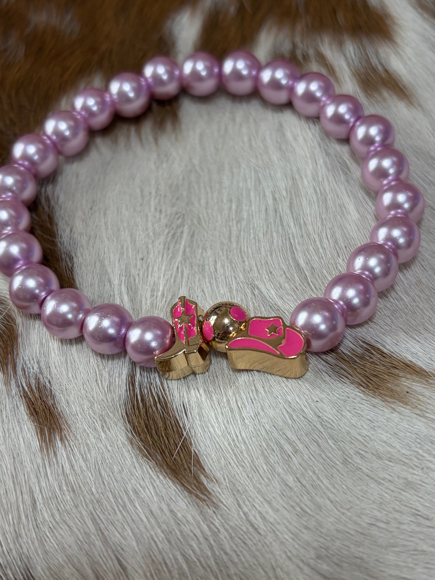 Pink Pearl Stretch Western Bracelet Cowgirl Hat Cowgirl Boot Charms