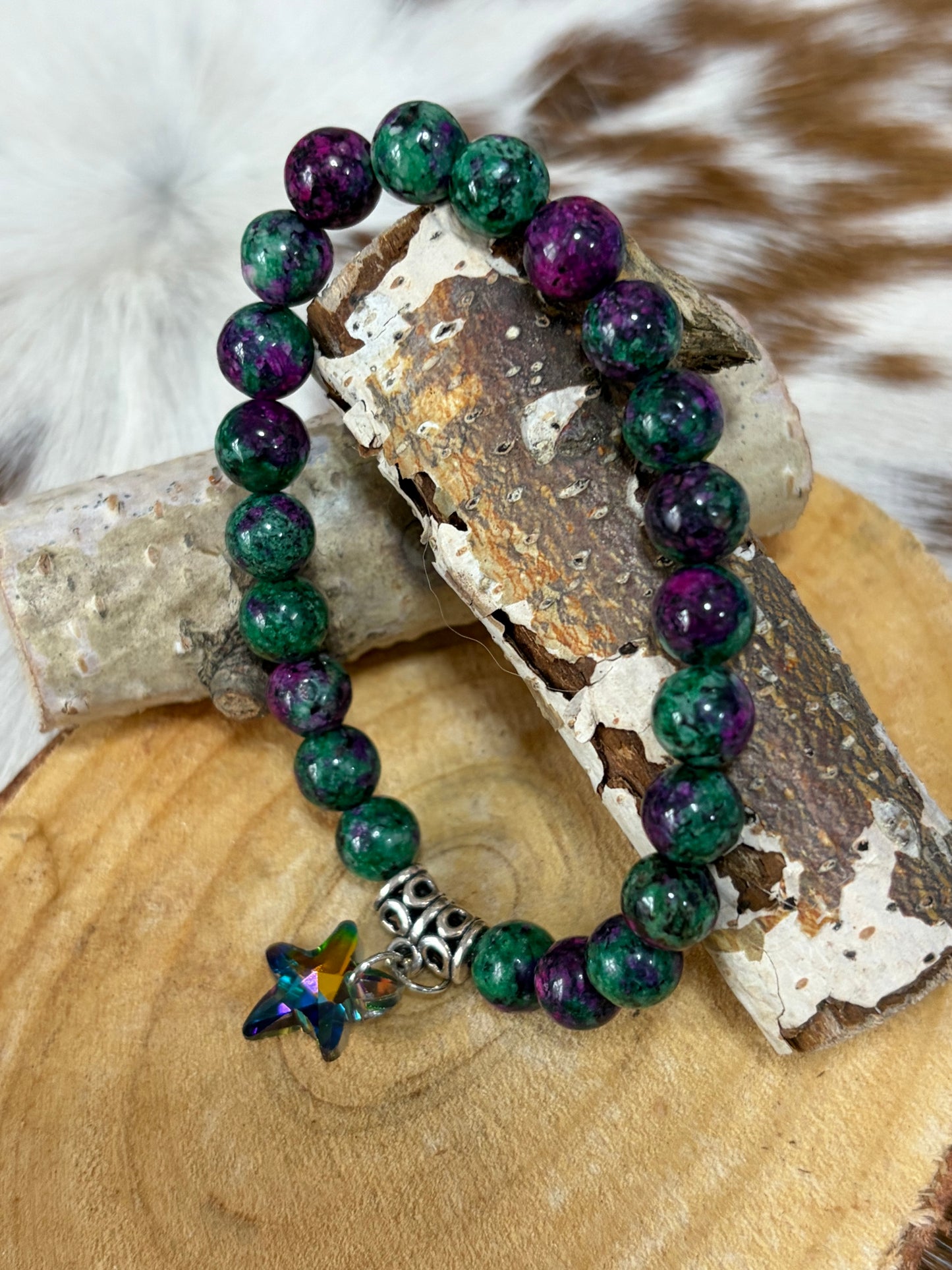 Purple Green Stretch Beaded Bracelet