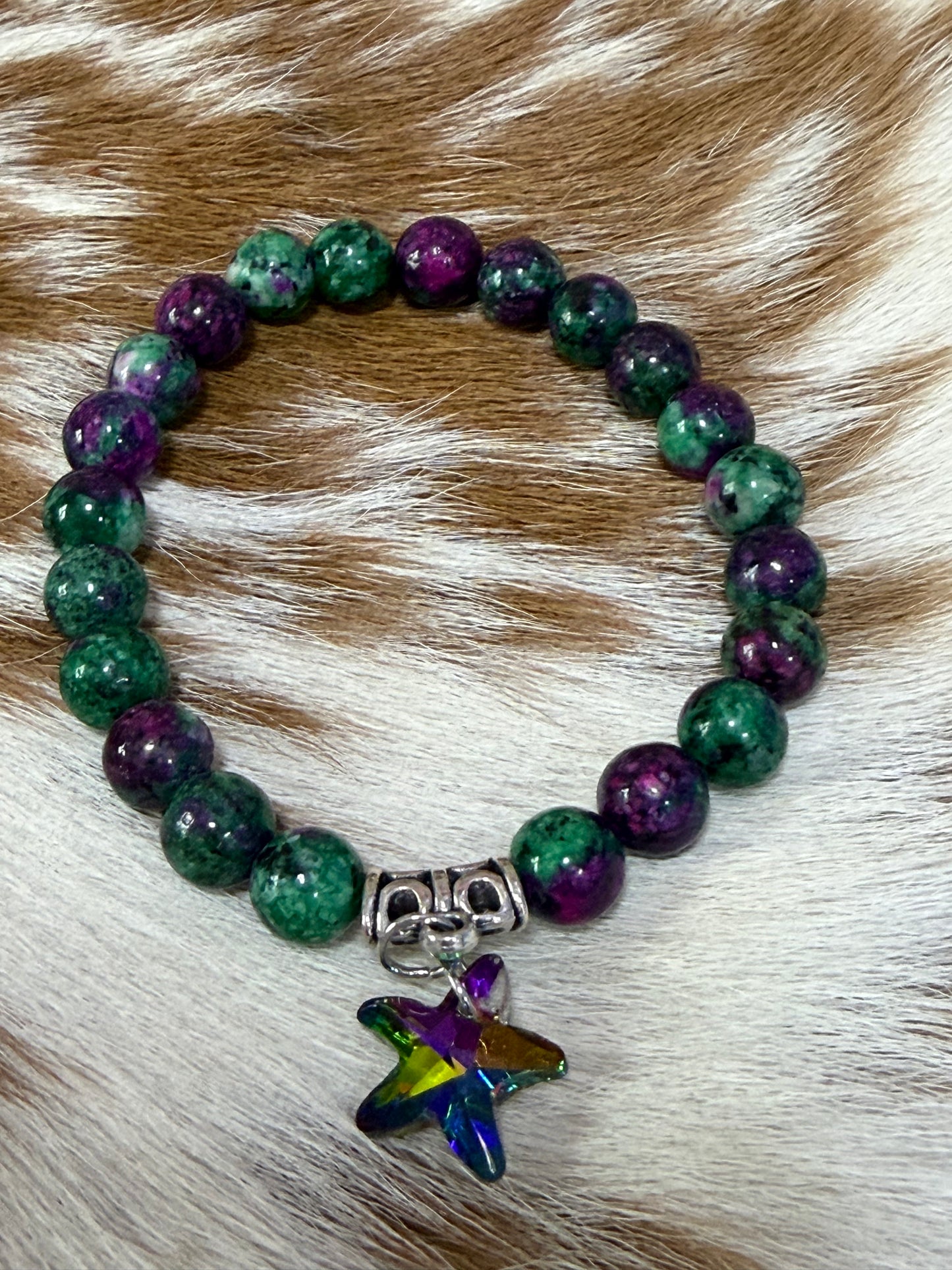 Purple Green Stretch Beaded Bracelet