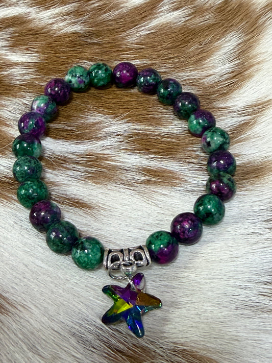 Purple Green Stretch Beaded Bracelet