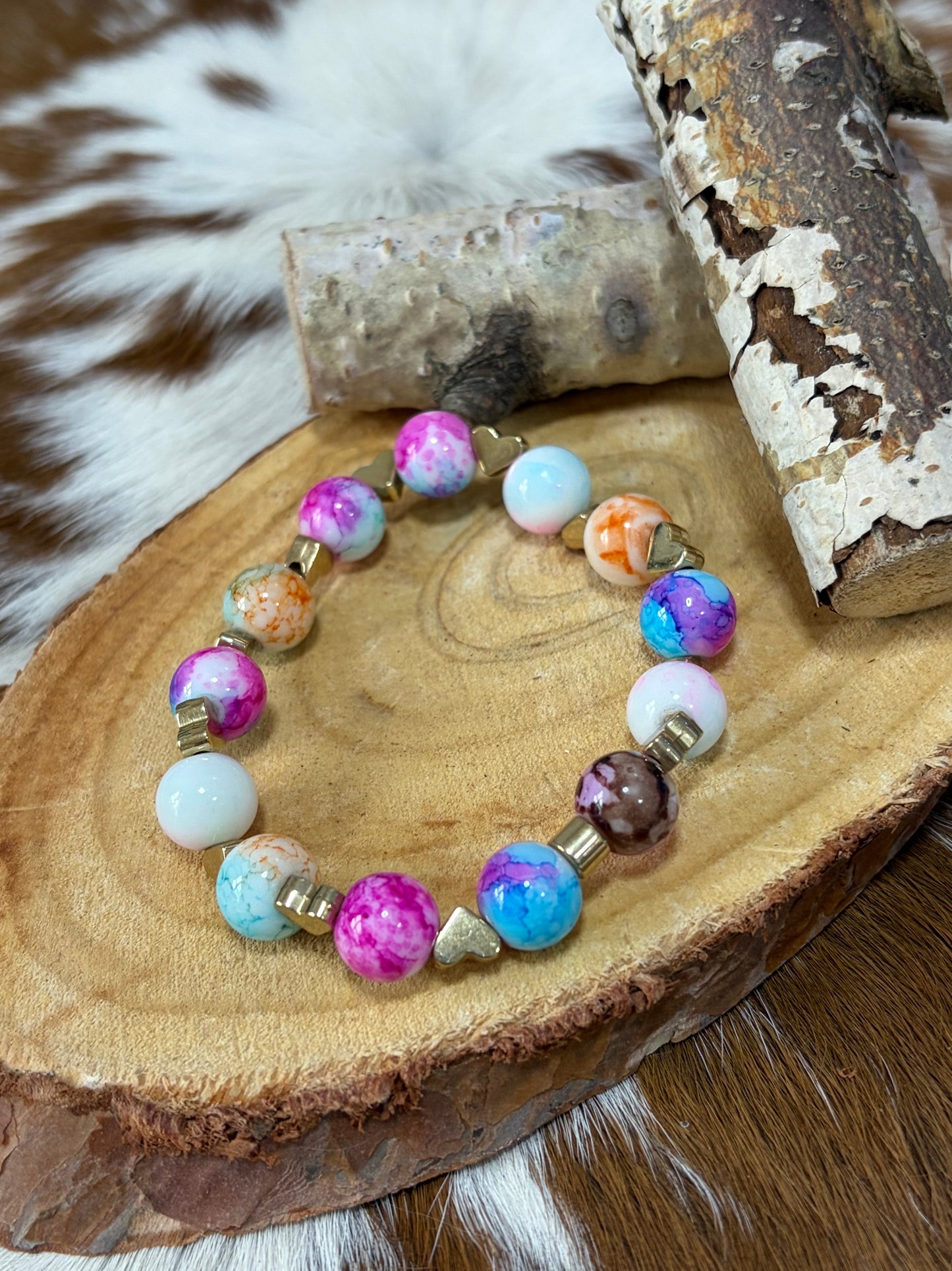 Beaded Stretch Bracelet Little Heart Charms Rainbow Colored Beads