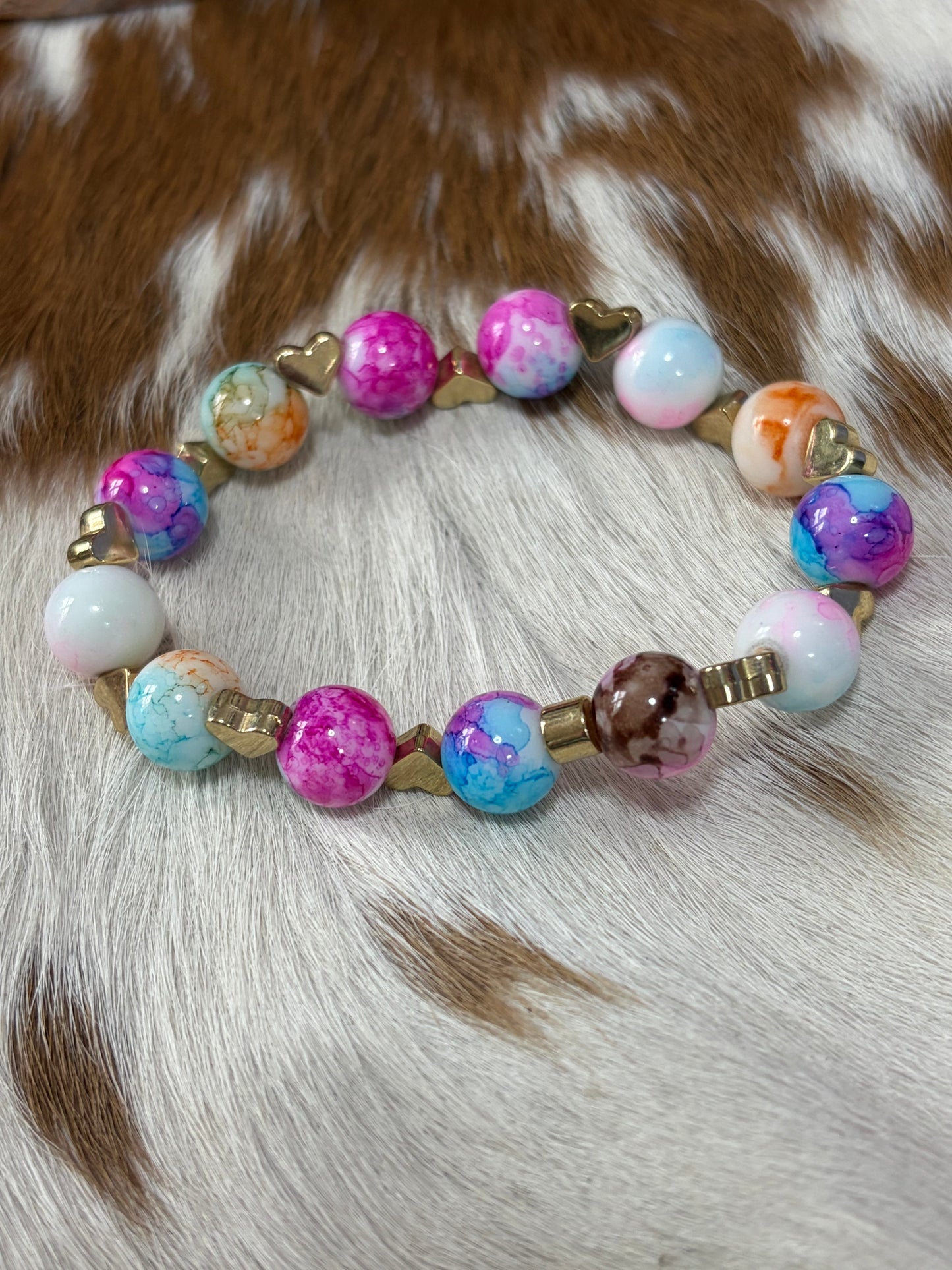 Beaded Stretch Bracelet Little Heart Charms Rainbow Colored Beads