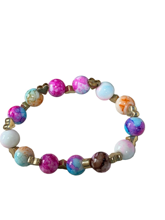 Beaded Stretch Bracelet Little Heart Charms Rainbow Colored Beads