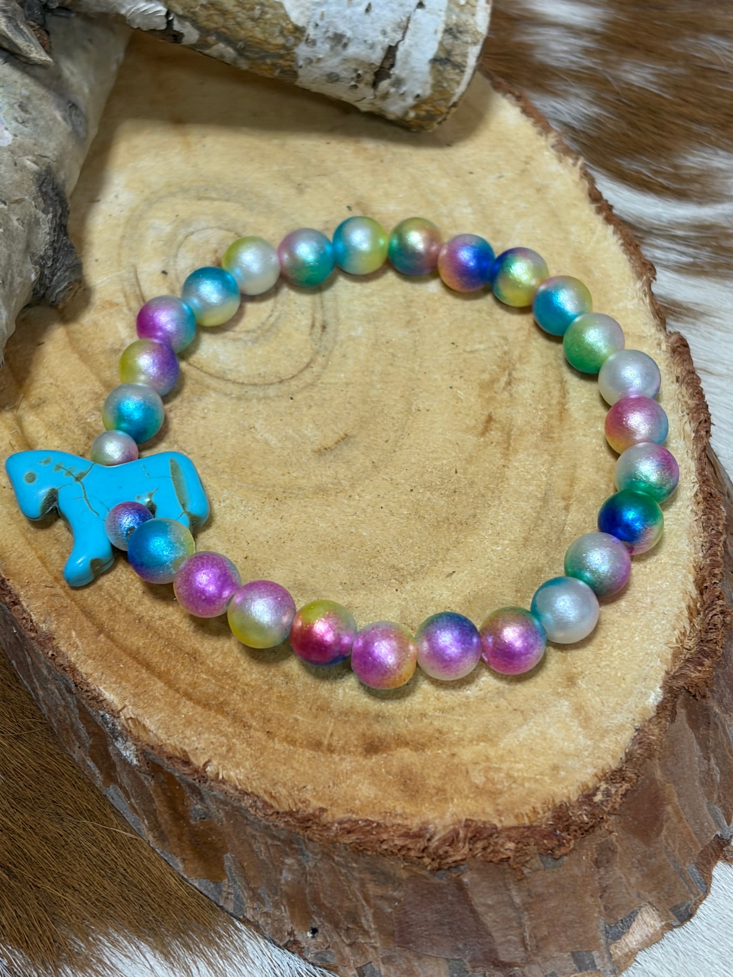 Pastel Colored Beads Horse Charm Stretch Beaded Bracelet