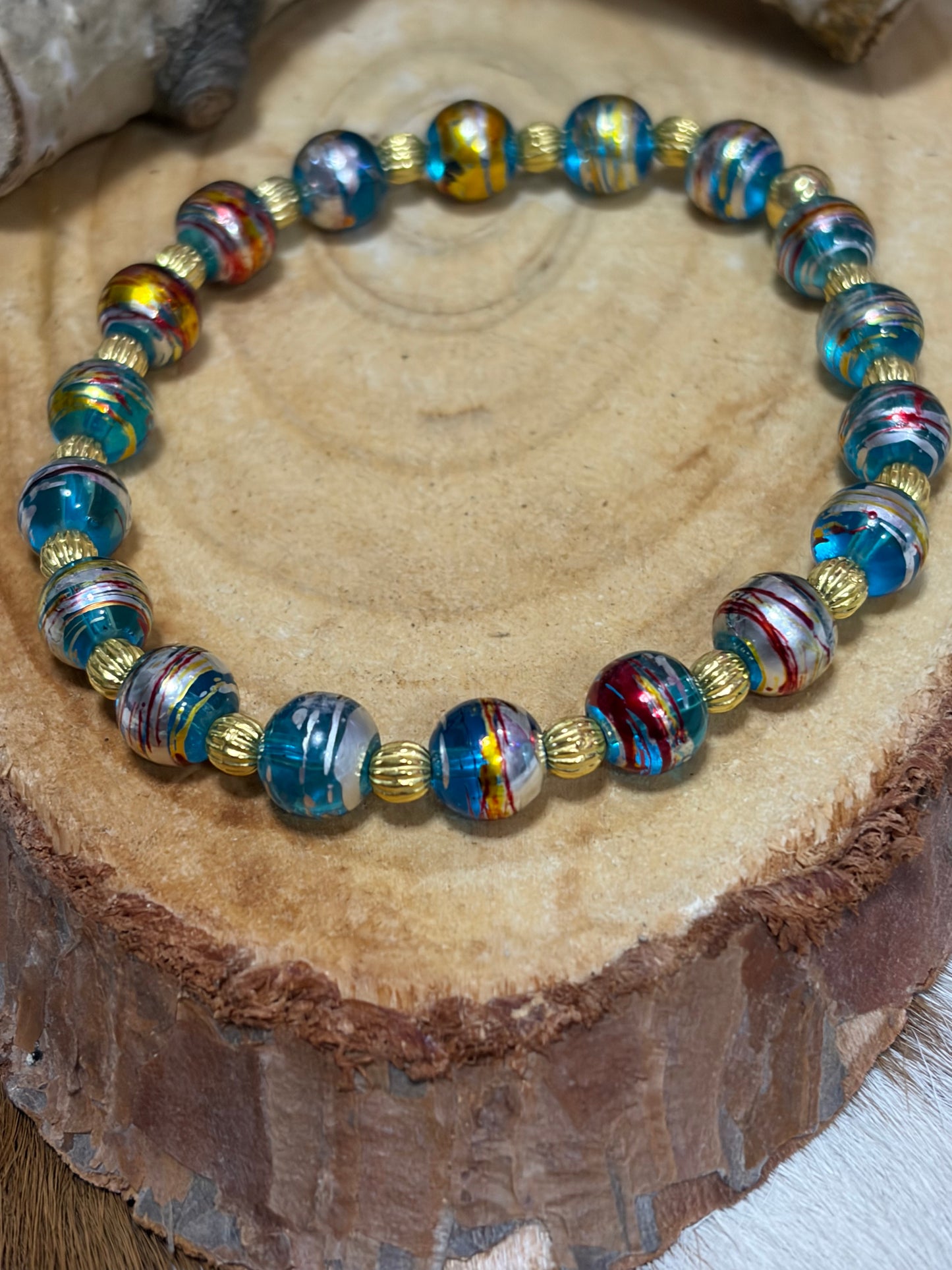 Glass Beads Assorted Colors Stretch Bracelet Gold Spacers