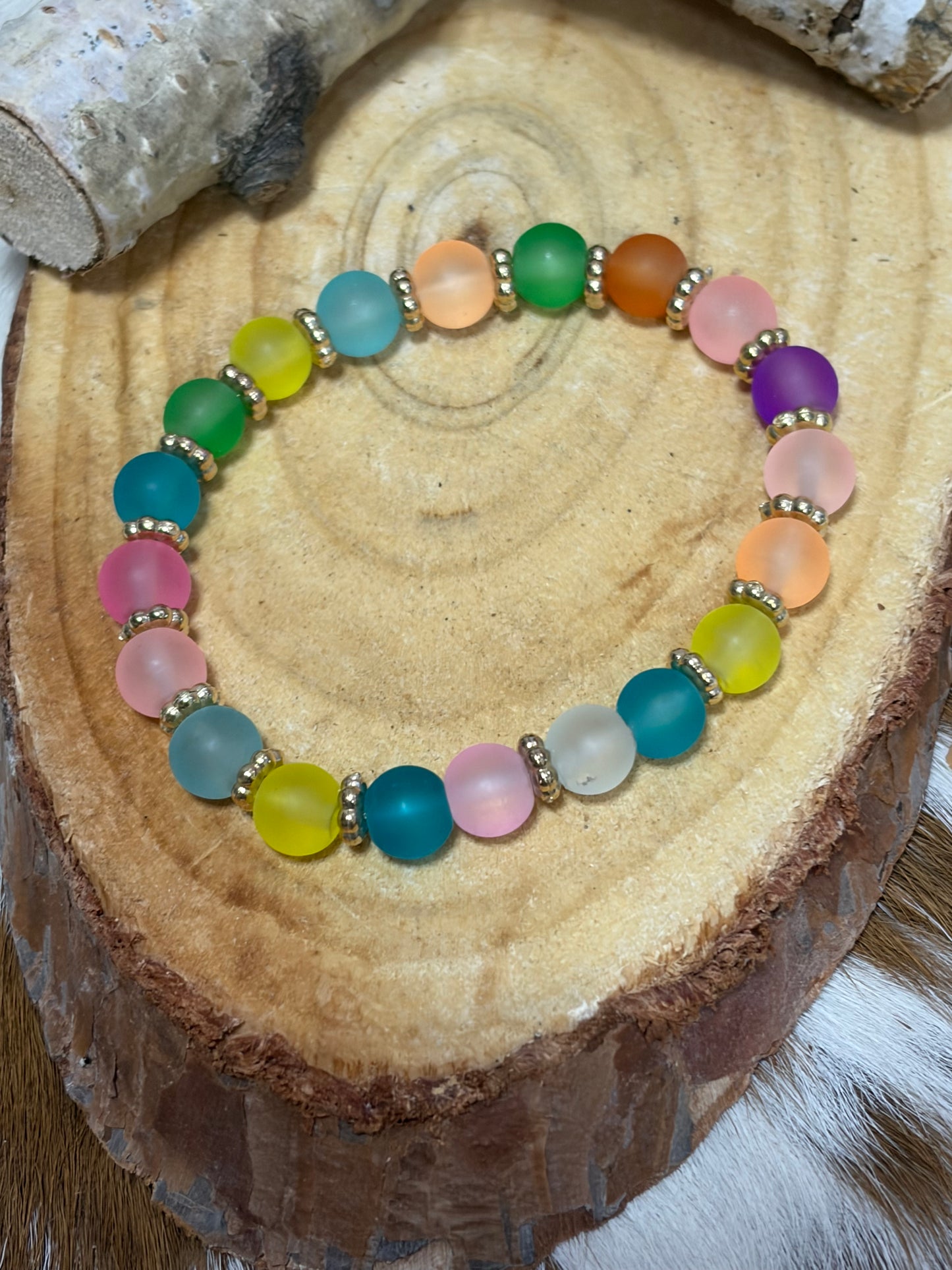 Pastel Rainbow Color Beads Gold Spacers Stretch Bracelet