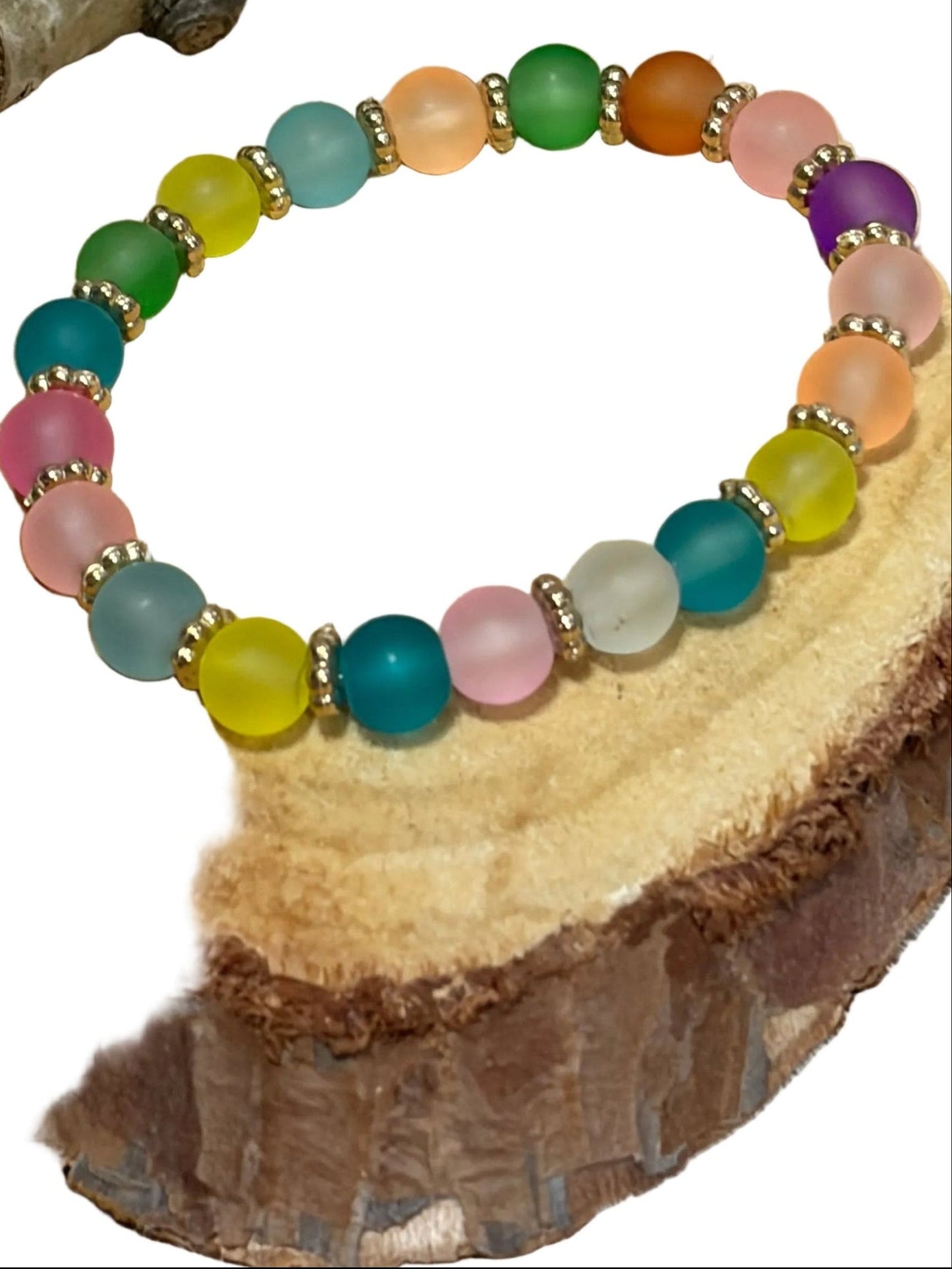 Pastel Rainbow Color Beads Gold Spacers Stretch Bracelet