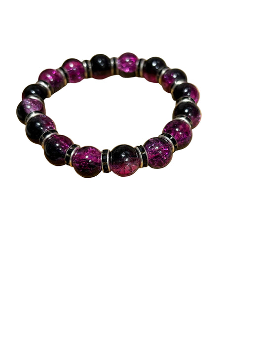 Purple Shades Glass Beads Black Rhinestone Spaces Stretch Bracelet