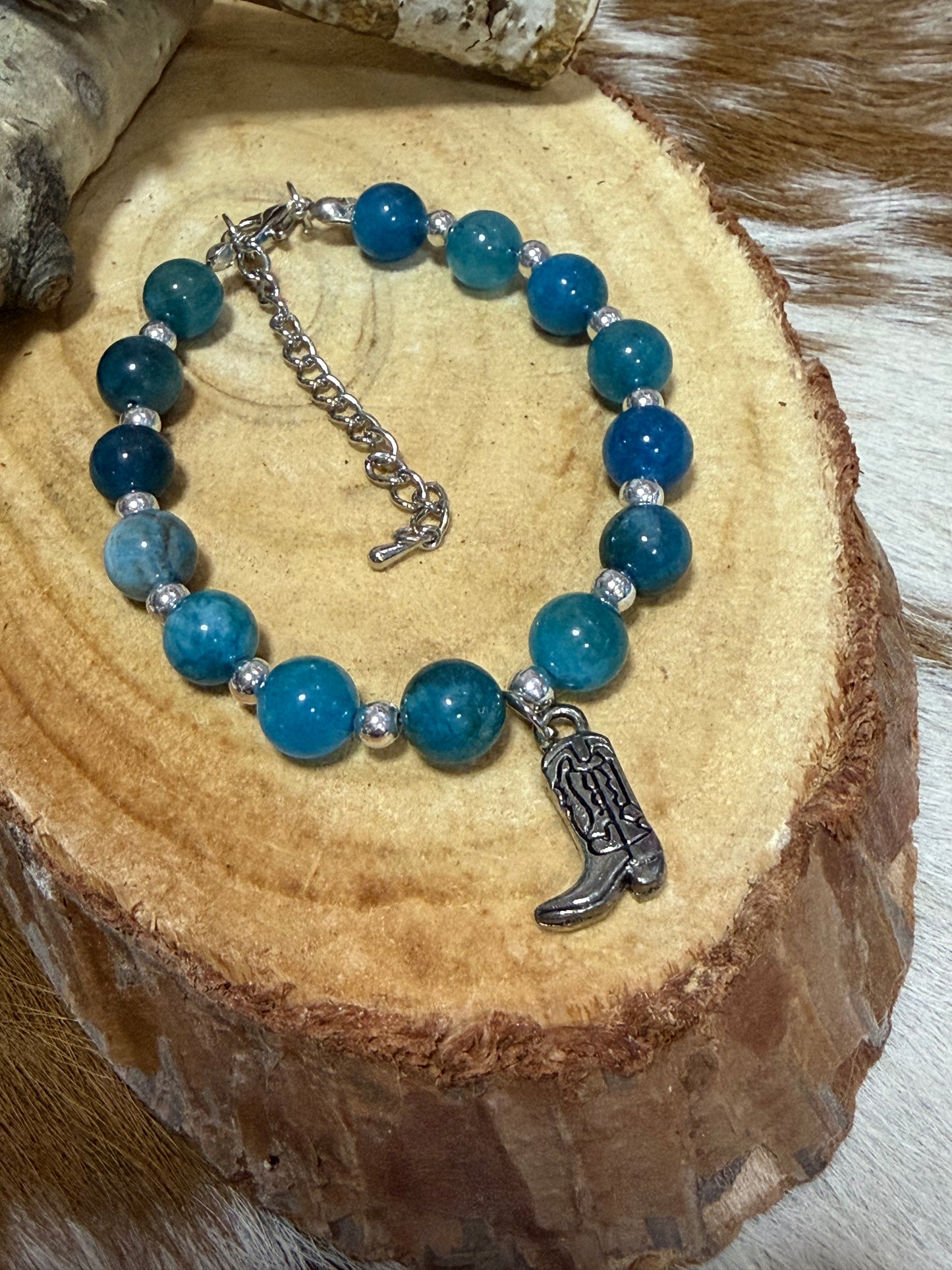 Beaded Charm Bead Bracelet Cowboy Boot Charm Silver