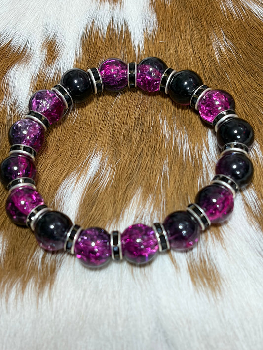 Purple Shades Glass Beads Black Rhinestone Spaces Stretch Bracelet