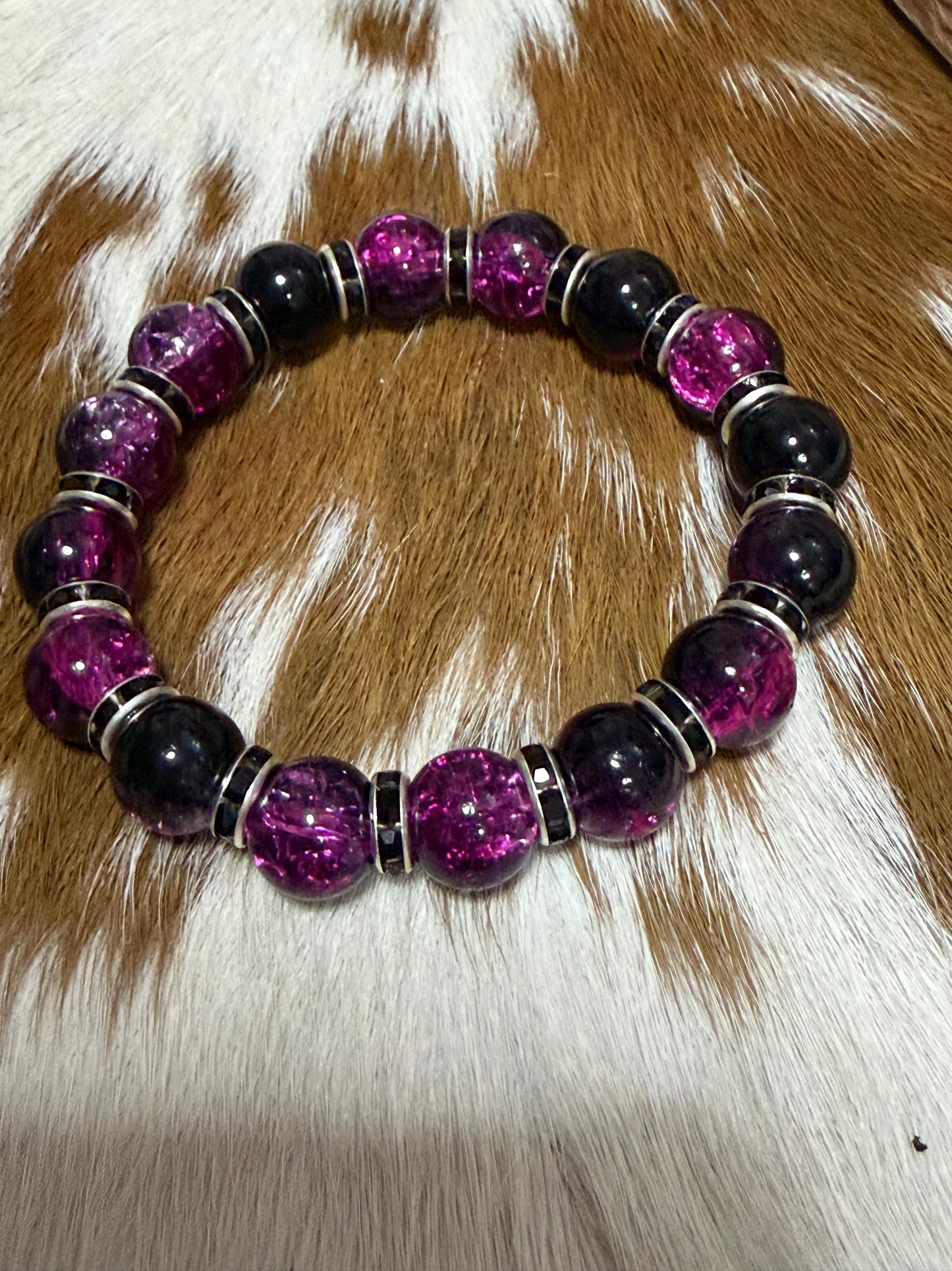 Purple Shades Glass Beads Black Rhinestone Spaces Stretch Bracelet