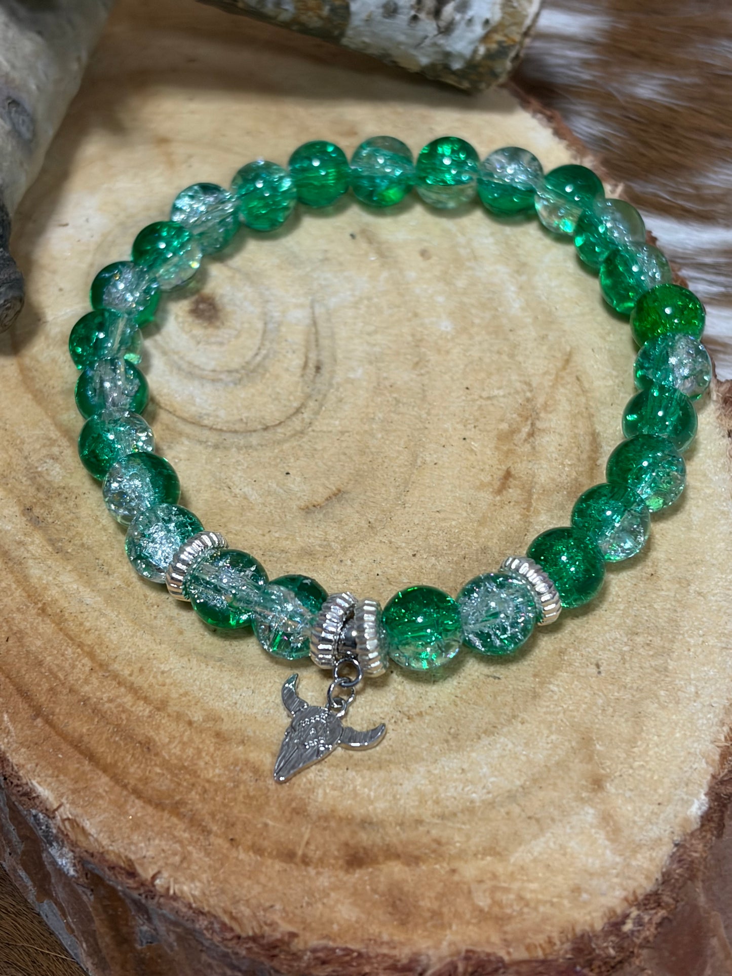Green Clear Glass Beads Stretch Beaded Bracelet Silver Steerhead