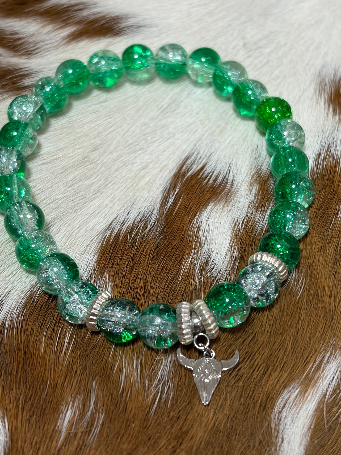 Green Clear Glass Beads Stretch Beaded Bracelet Silver Steerhead