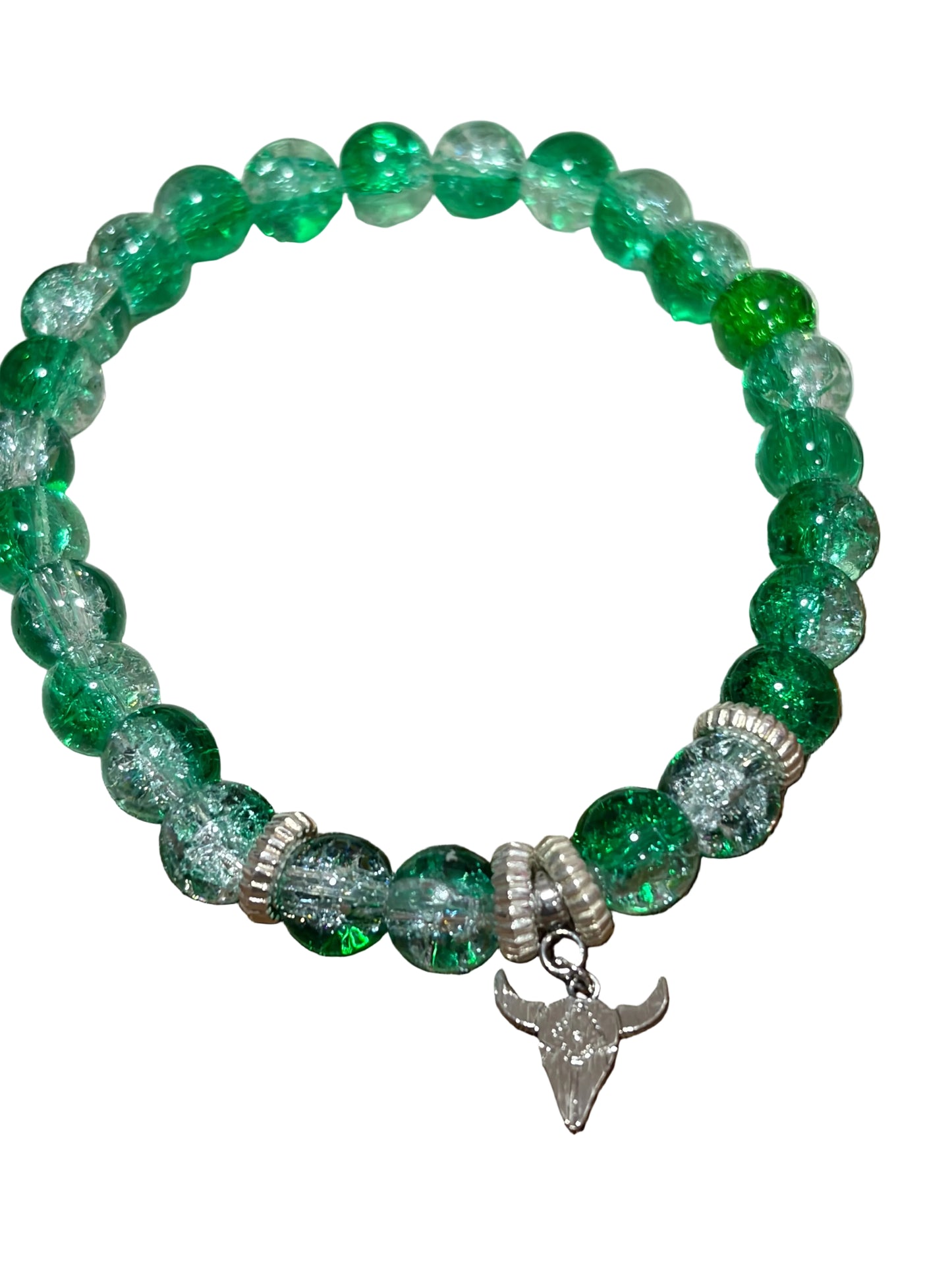 Green Clear Glass Beads Stretch Beaded Bracelet Silver Steerhead