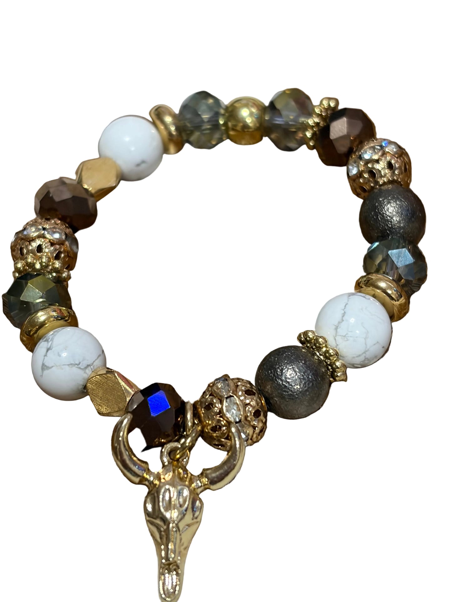 Western Steerhead Charm Stretch Bracelet Gold Browns White Beads