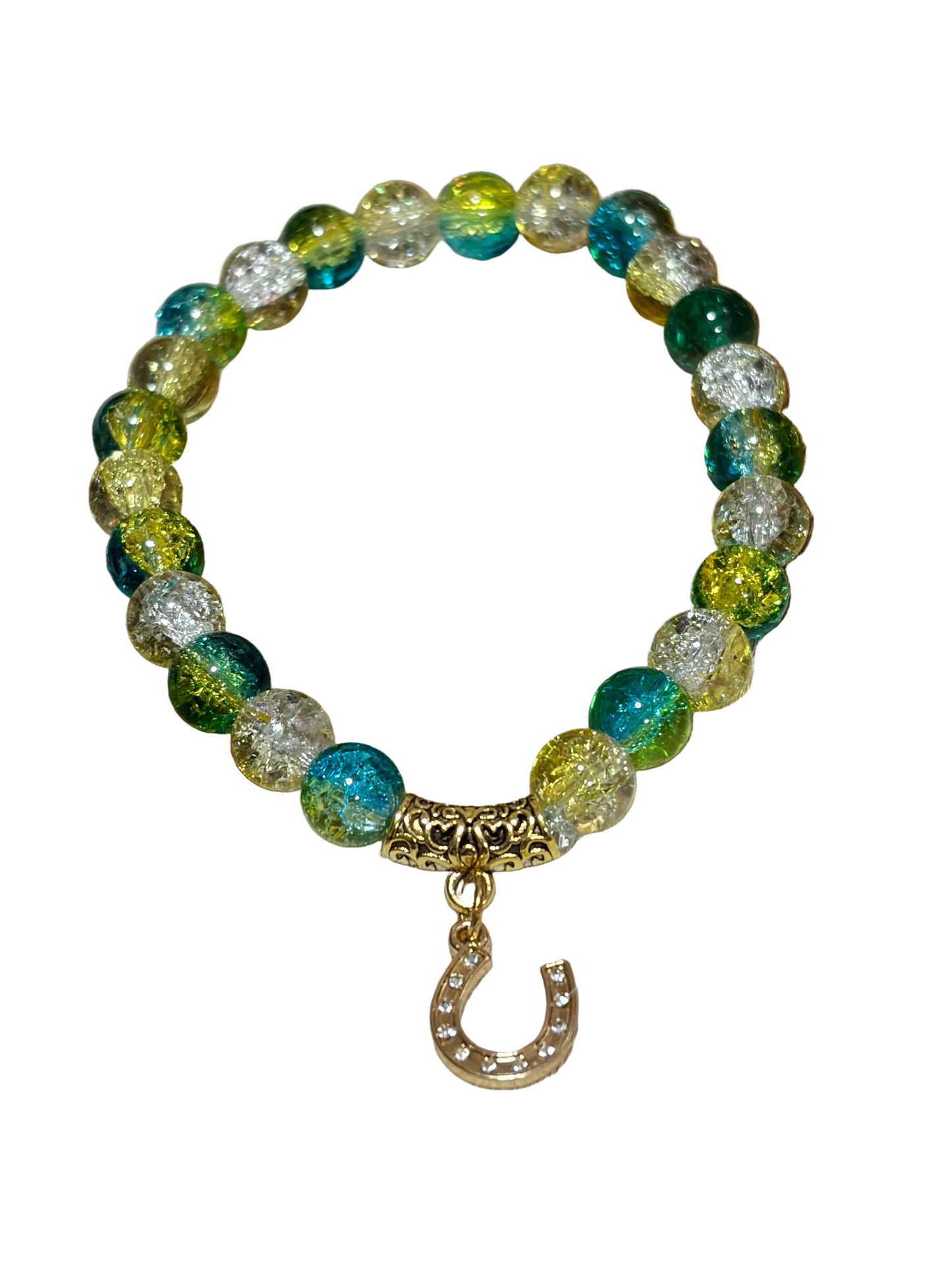 Girls Glass Bead Stretch Bracelet Charm Gold Horseshoe