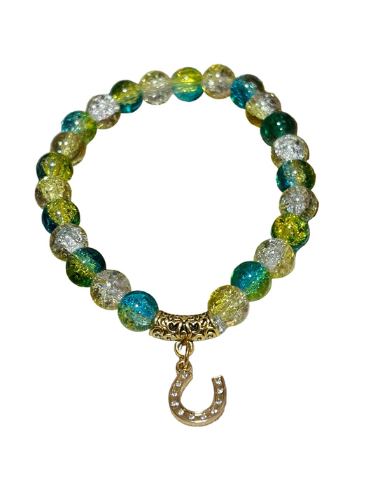 Girls Glass Bead Stretch Bracelet Charm Gold Horseshoe