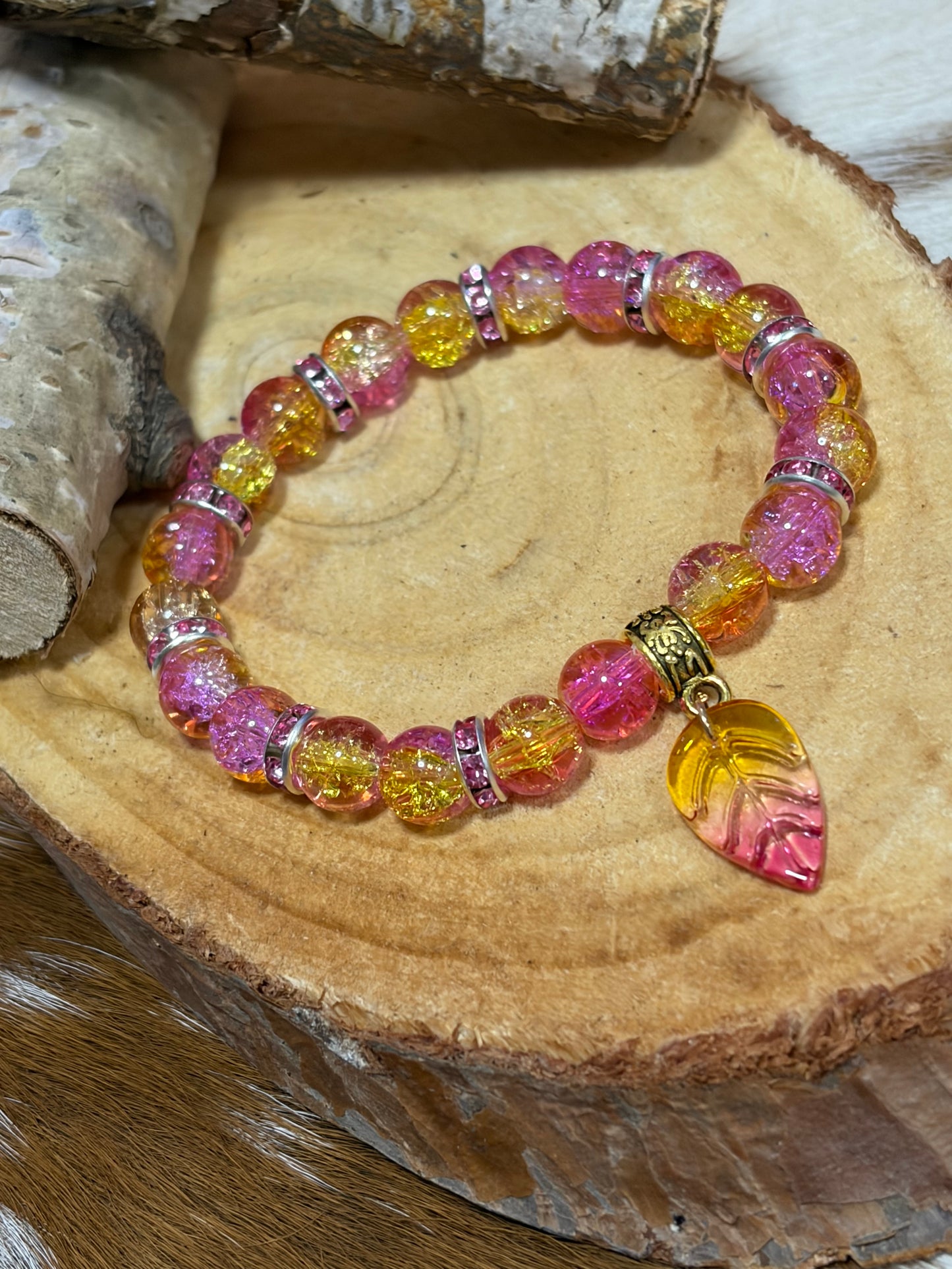 Yellow Pink Glass Beads Rhinestone Stretch Beaded Bracelet Leaf Charm