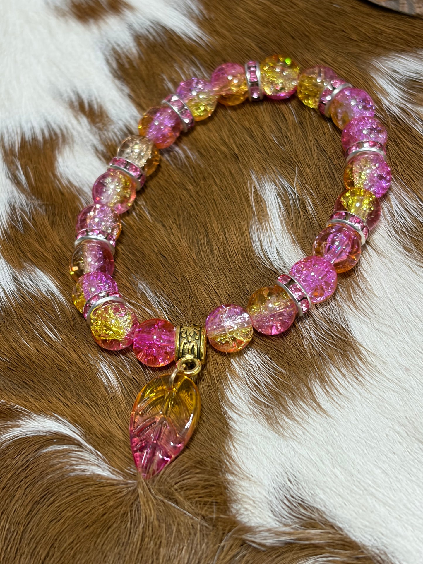 Yellow Pink Glass Beads Rhinestone Stretch Beaded Bracelet Leaf Charm