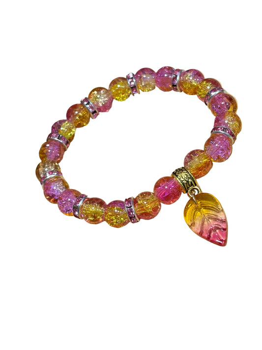 Yellow Pink Glass Beads Rhinestone Stretch Beaded Bracelet Leaf Charm