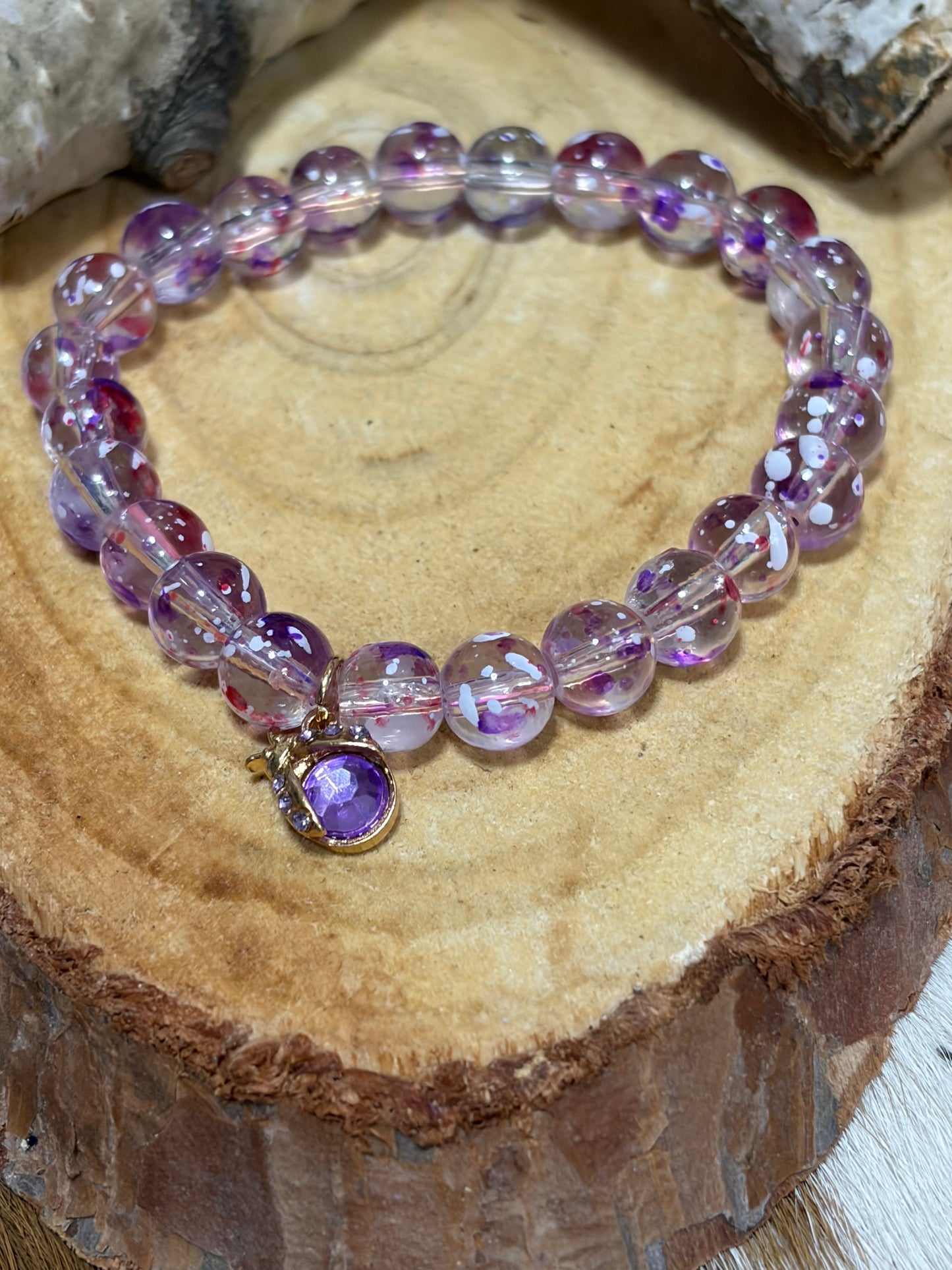 Glass Beads Stretch Bracelet Ladybug violet Charm Pastel Colors Light Purple