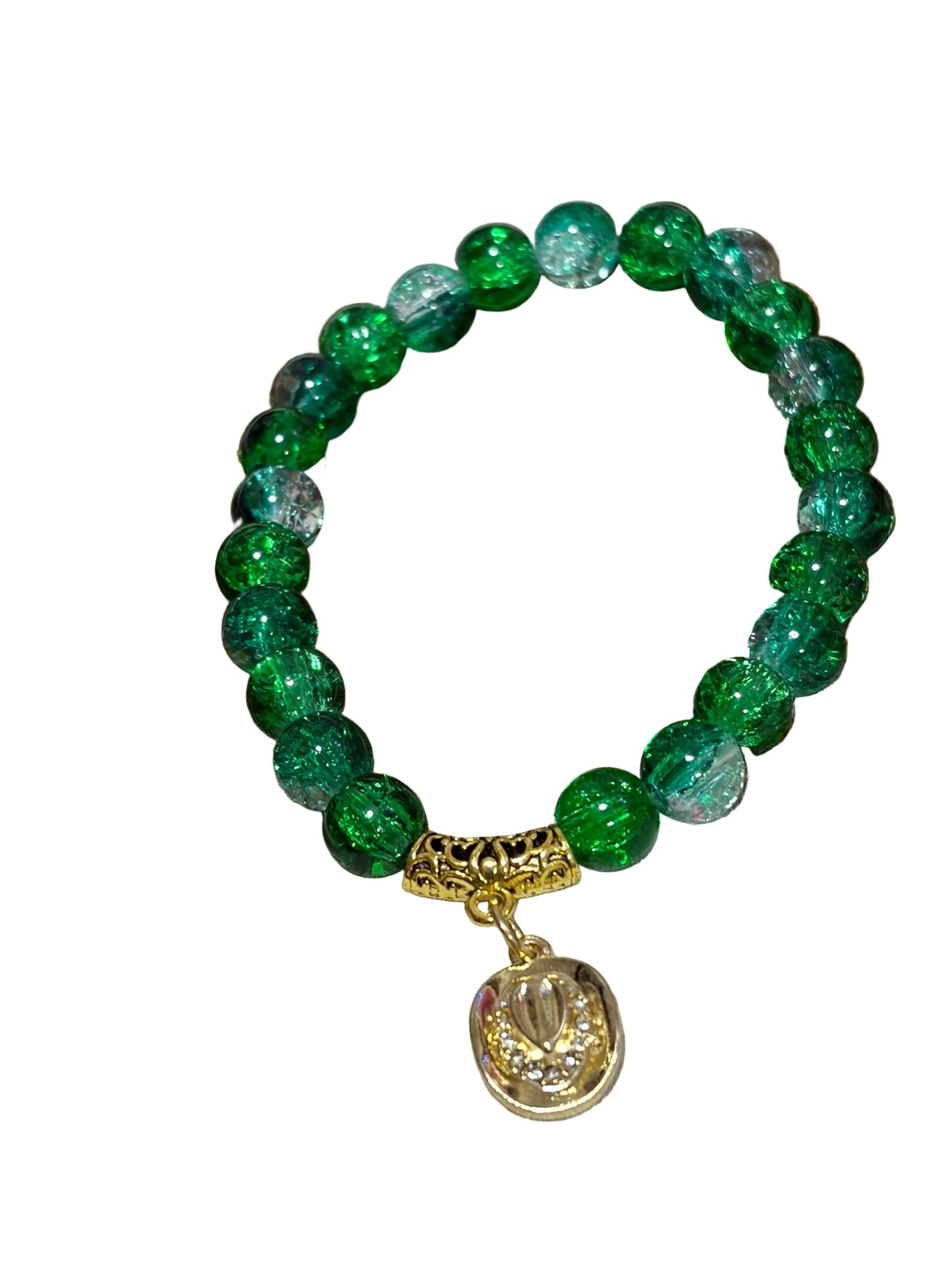 Western Glass Bead Stretch Bracelet Gold Cowboy Hat Charm Green Clear