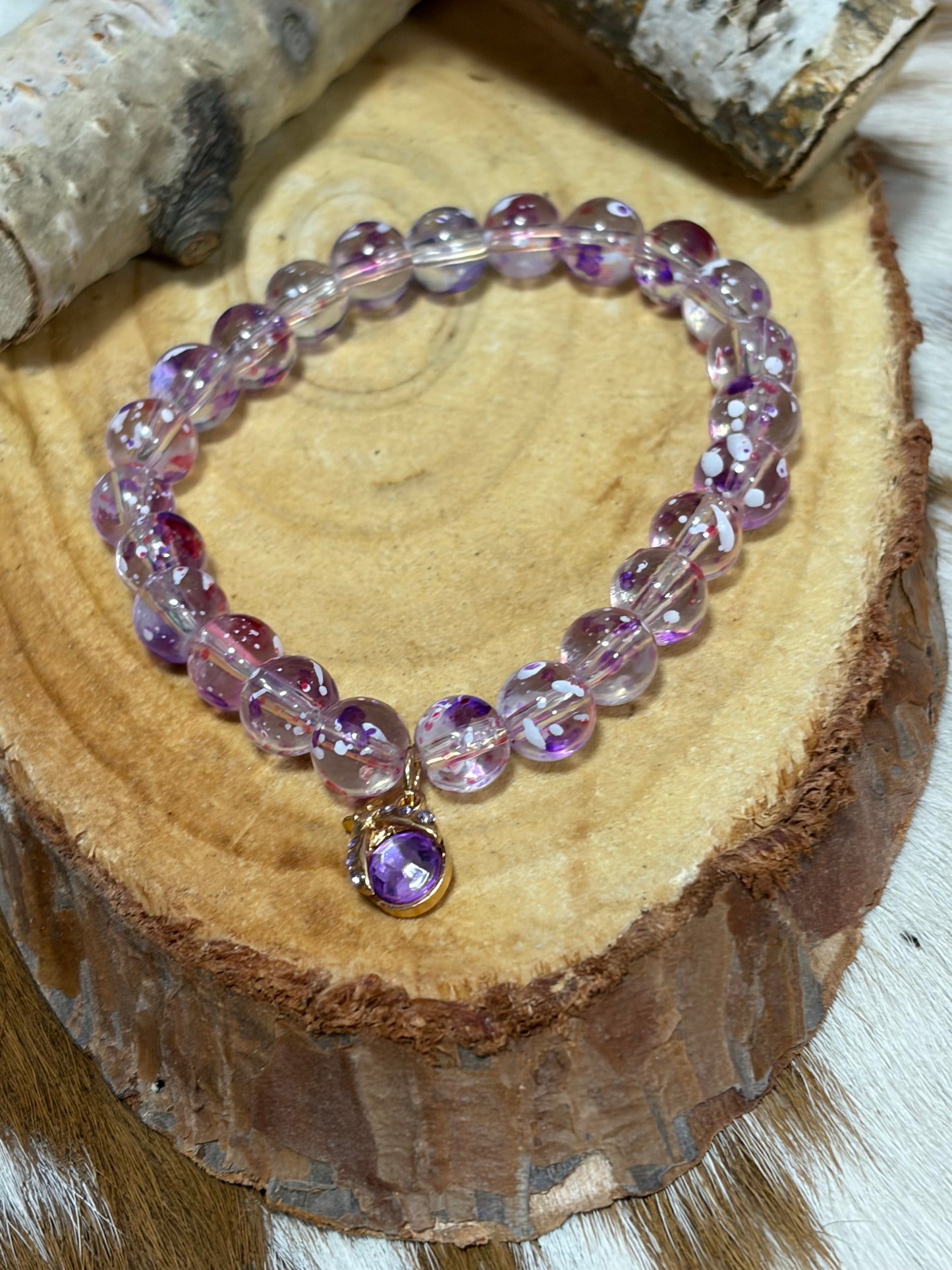 Glass Beads Stretch Bracelet Ladybug violet Charm Pastel Colors Light Purple