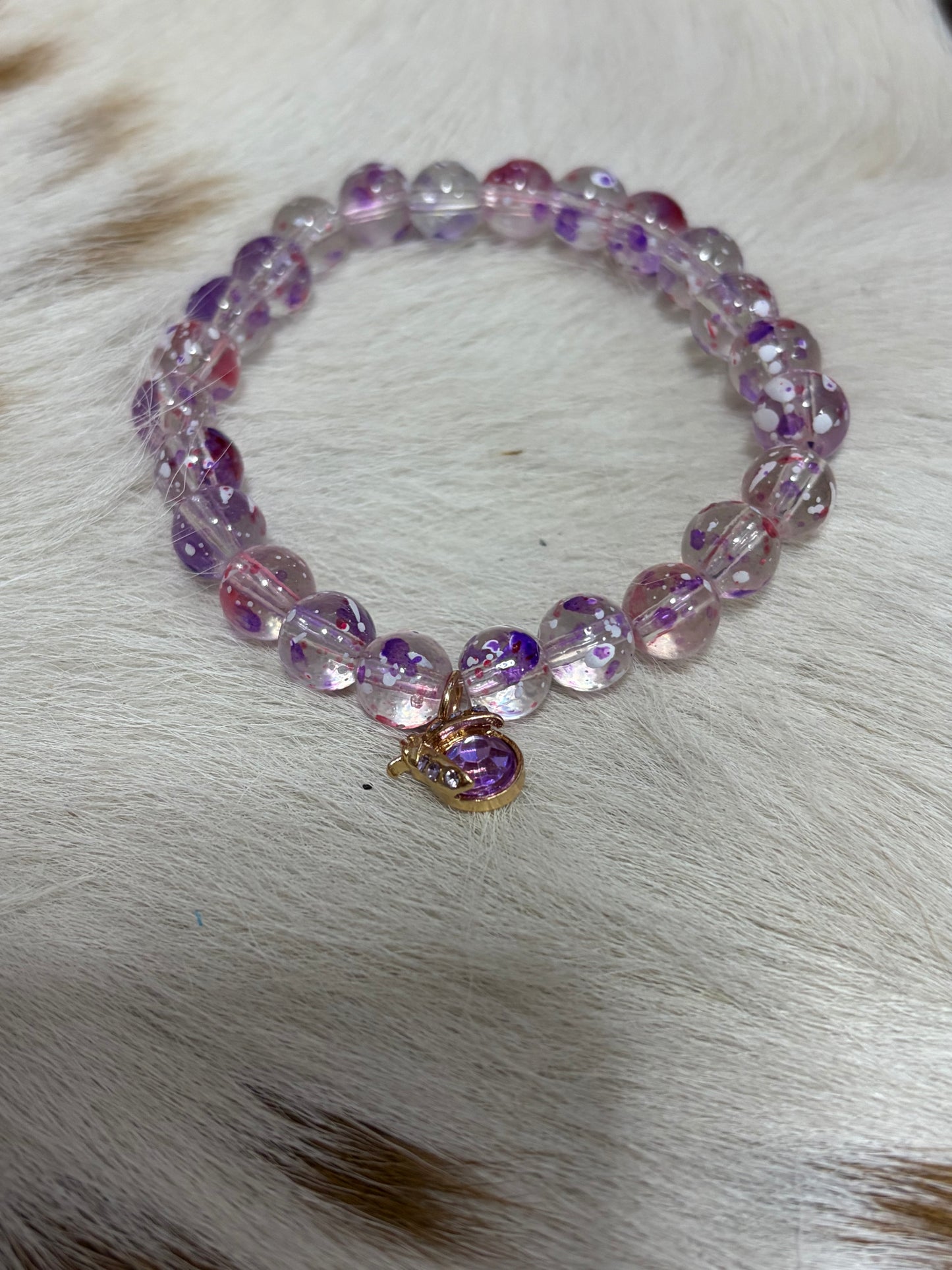 Glass Beads Stretch Bracelet Ladybug violet Charm Pastel Colors Light Purple