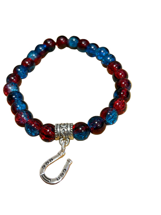 Blue Red Glass Breads Stretch Beaded Bracelet Silver Horseshoe Charm