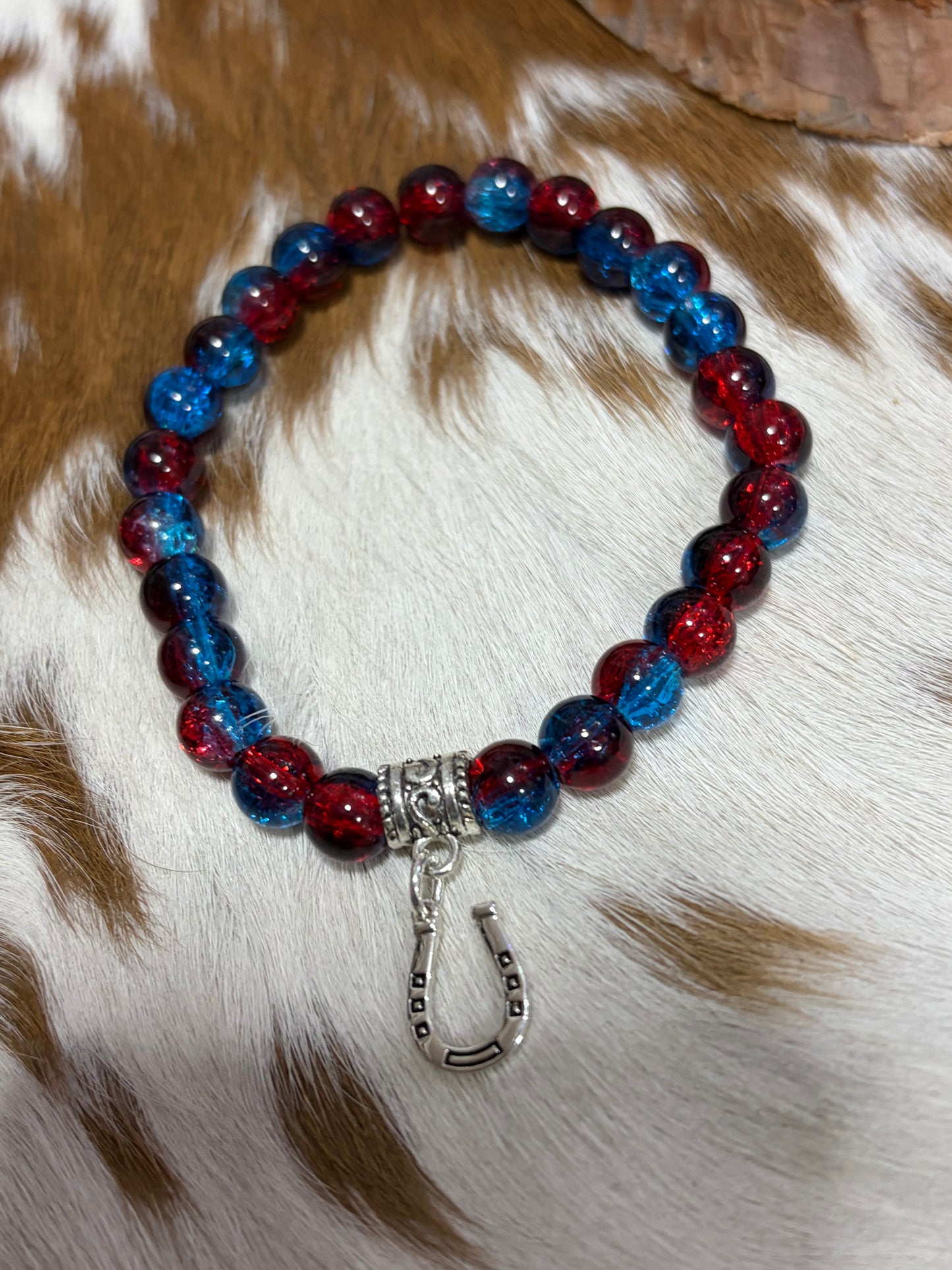 Blue Red Glass Breads Stretch Beaded Bracelet Silver Horseshoe Charm