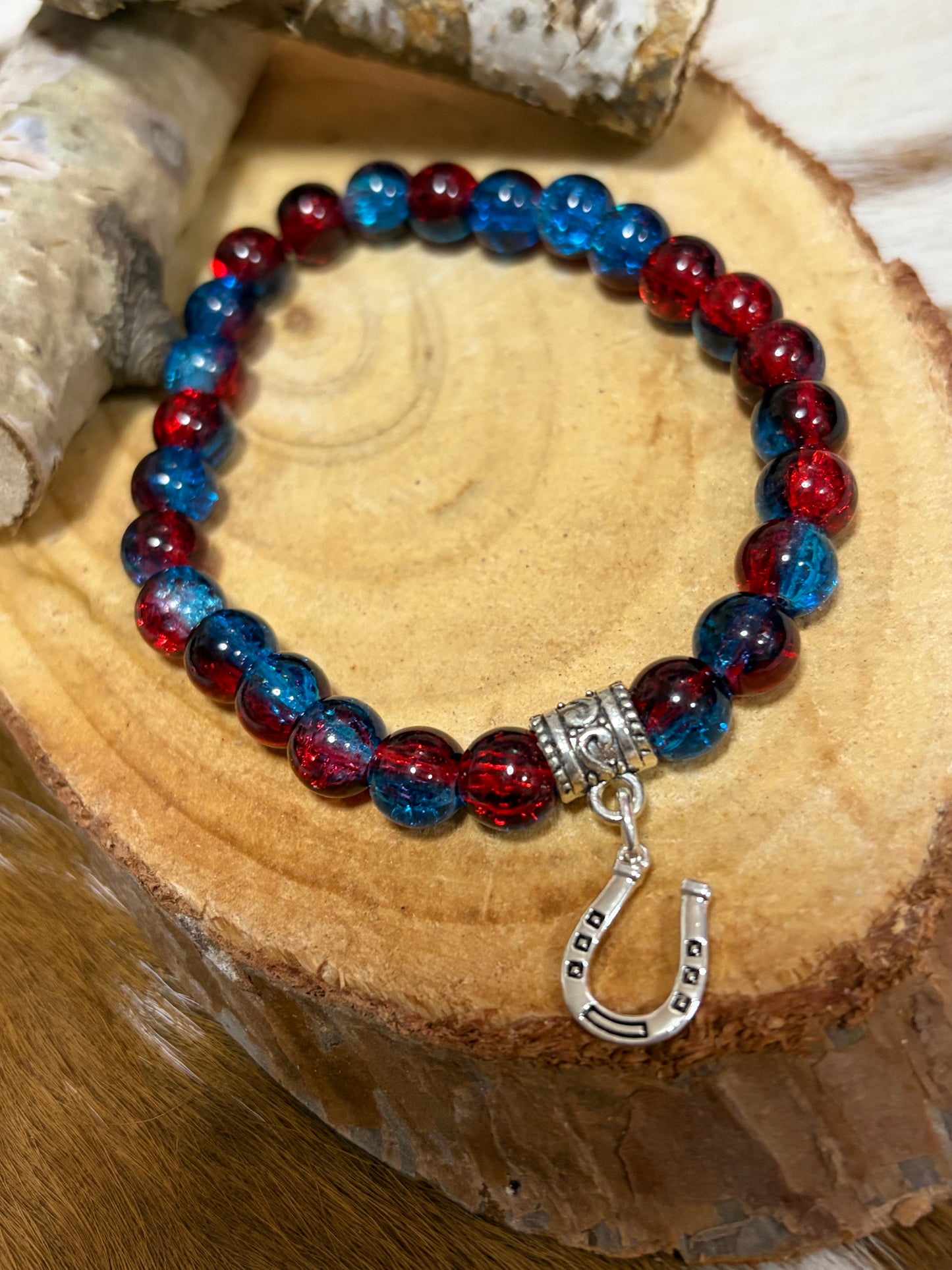 Blue Red Glass Breads Stretch Beaded Bracelet Silver Horseshoe Charm