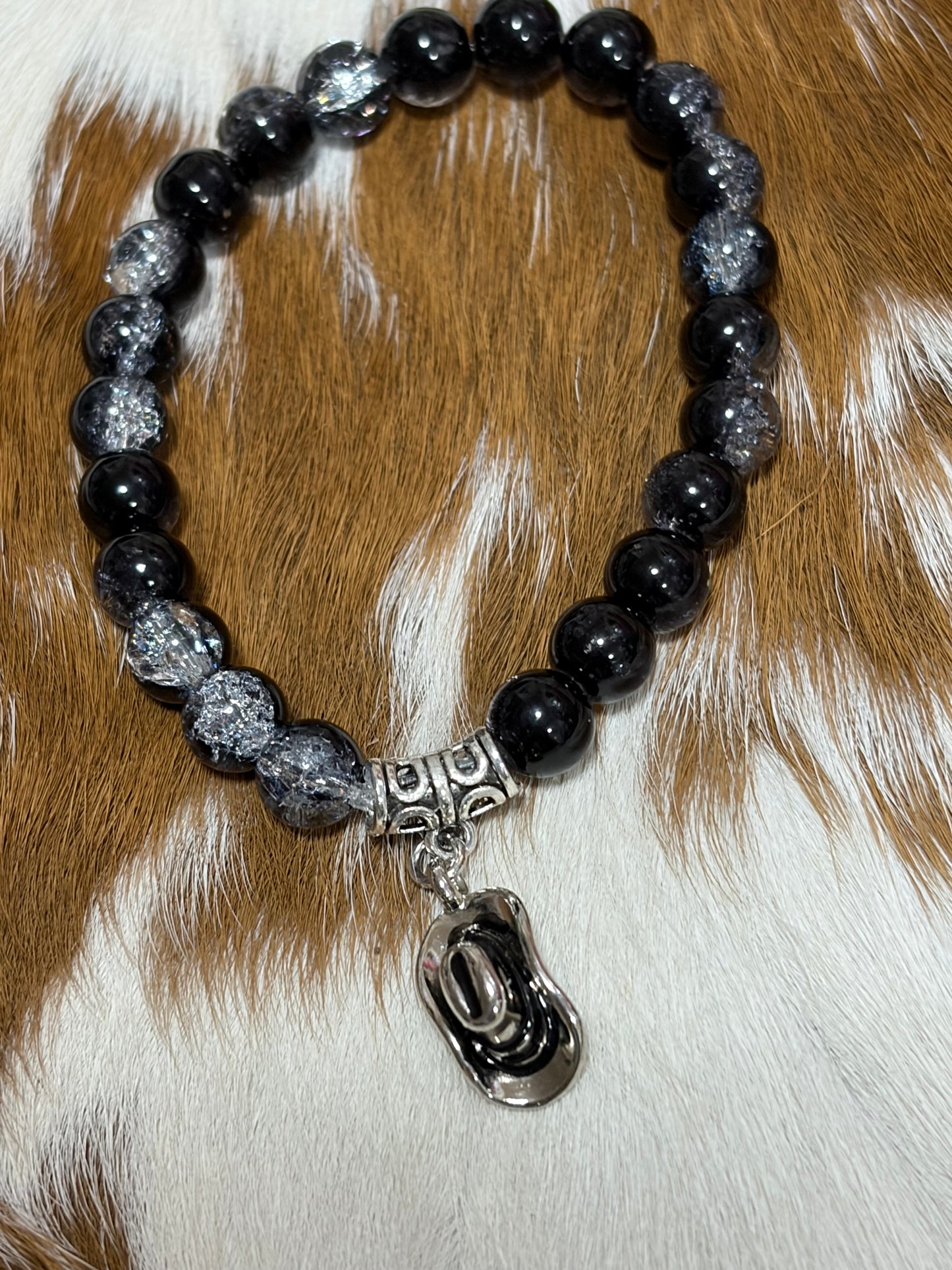Glass Beaded Stretch Braceldet Black Clear Beads Silver Cowboy Hat Charm