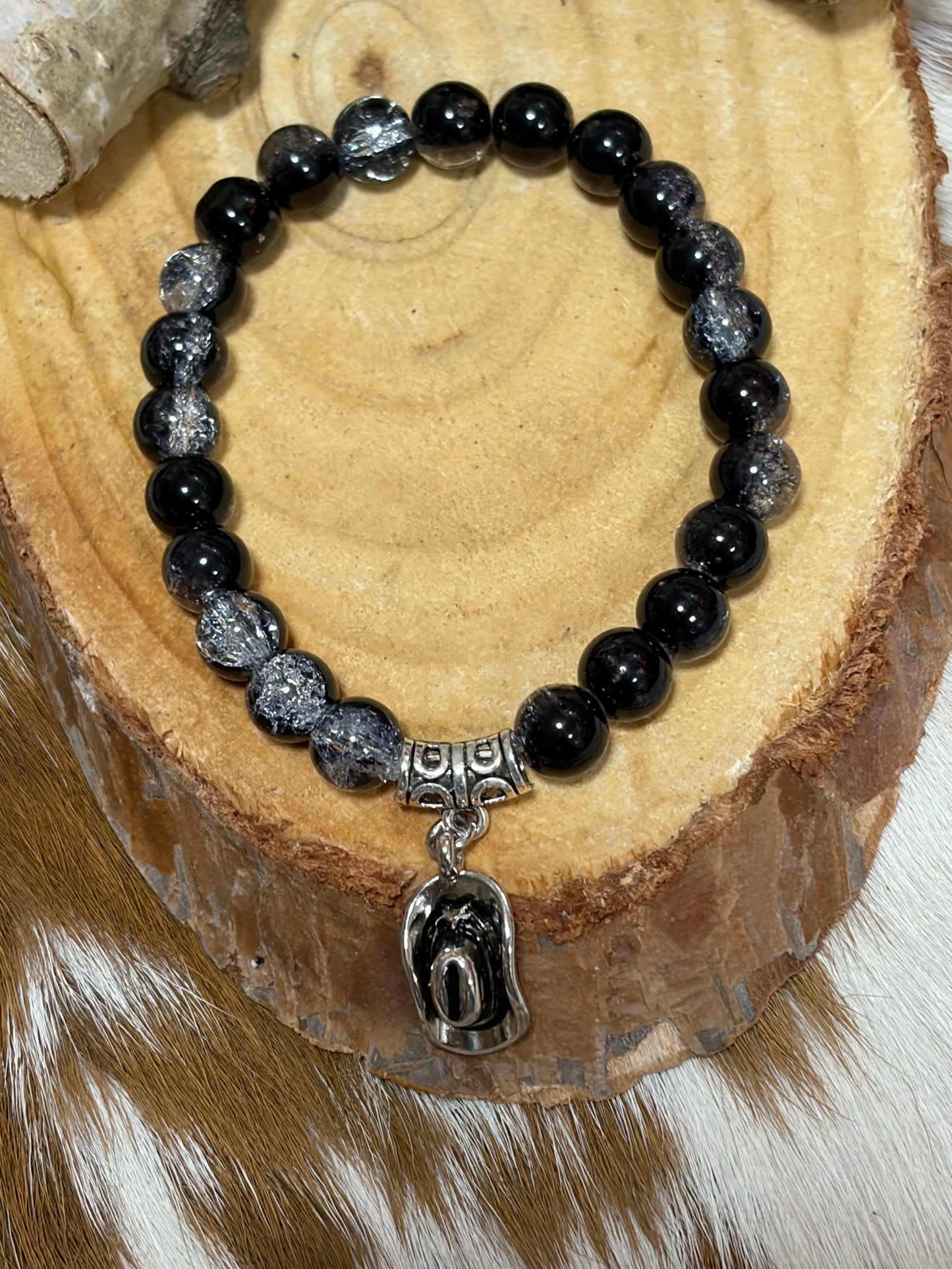 Glass Beaded Stretch Braceldet Black Clear Beads Silver Cowboy Hat Charm