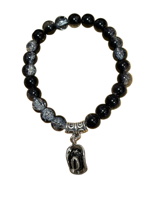Glass Beaded Stretch Braceldet Black Clear Beads Silver Cowboy Hat Charm
