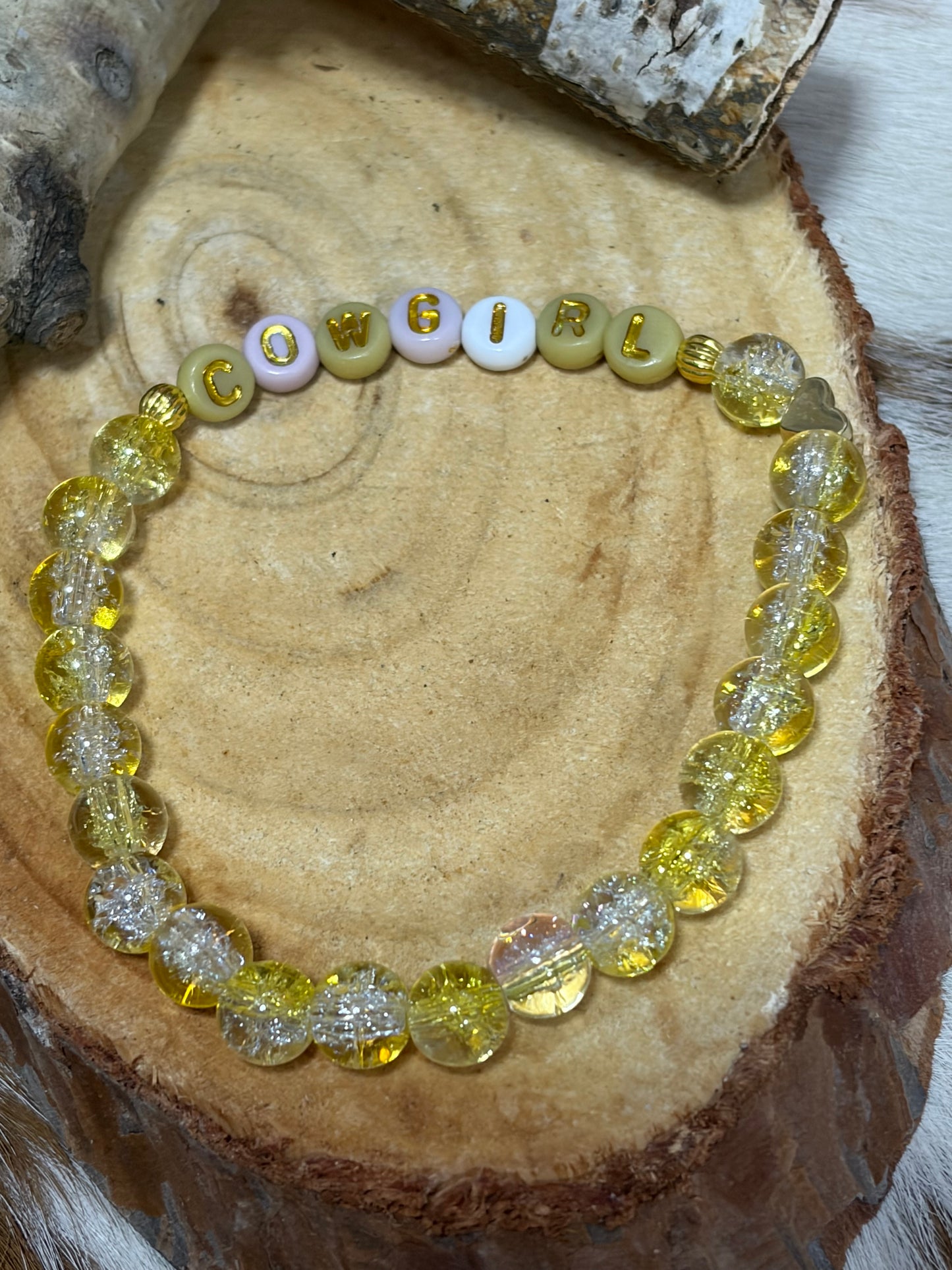 Yellow Clear Glass Beaded Stretch Western Bracelet Cowgirl Lettering