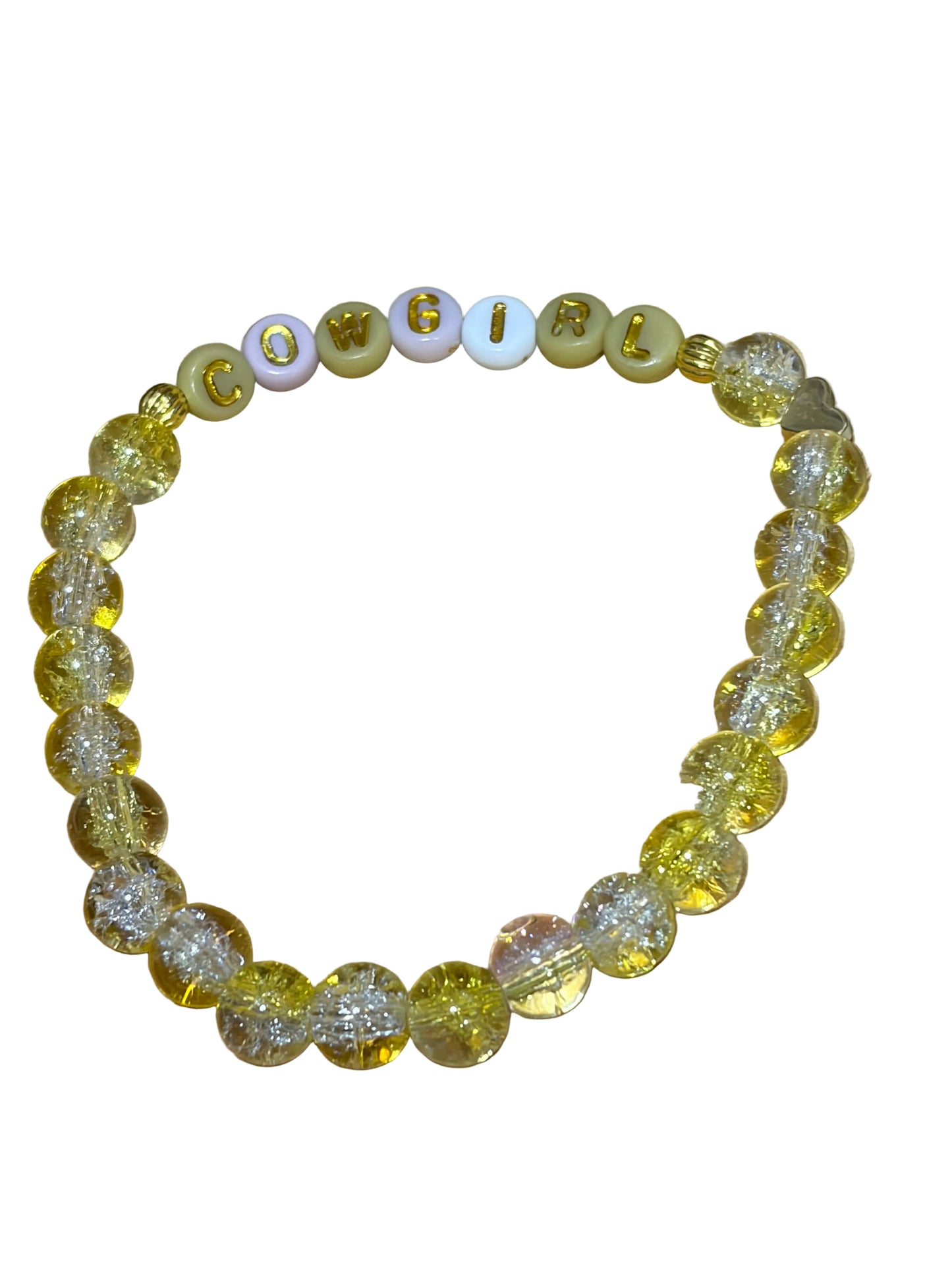Yellow Clear Glass Beaded Stretch Western Bracelet Cowgirl Lettering