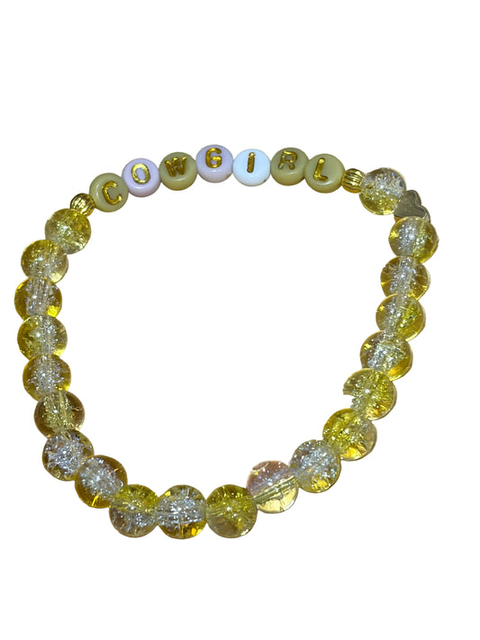 Yellow Clear Glass Beaded Stretch Western Bracelet Cowgirl Lettering